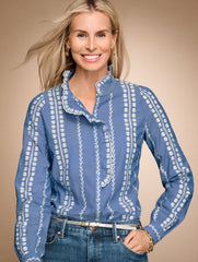 CHAMBRAY BLUE EMBROIDERED RUFFLE TOP | Talbots US