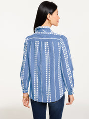 CHAMBRAY BLUE EMBROIDERED RUFFLE TOP | Talbots US