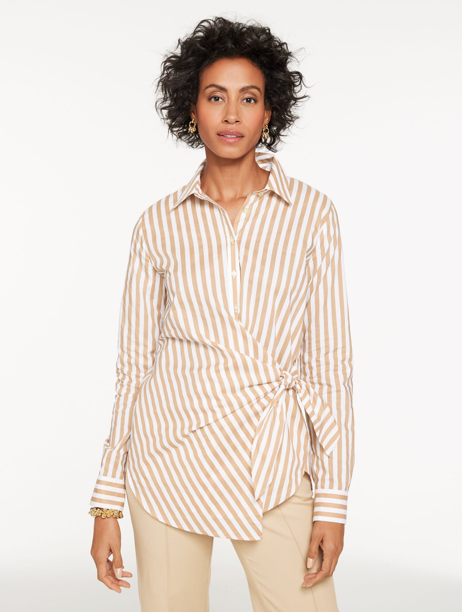 WHITE/SESAME TIE FRONT POPLIN SHIRT - TRANQUIL STRIPE | Talbots for sale