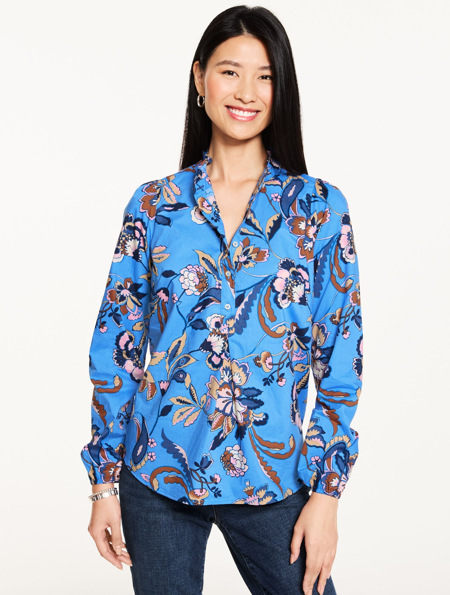 SHORE BLUE MULTI RUFFLE POPOVER - JACOBEAN FANTASIA | Talbots sale