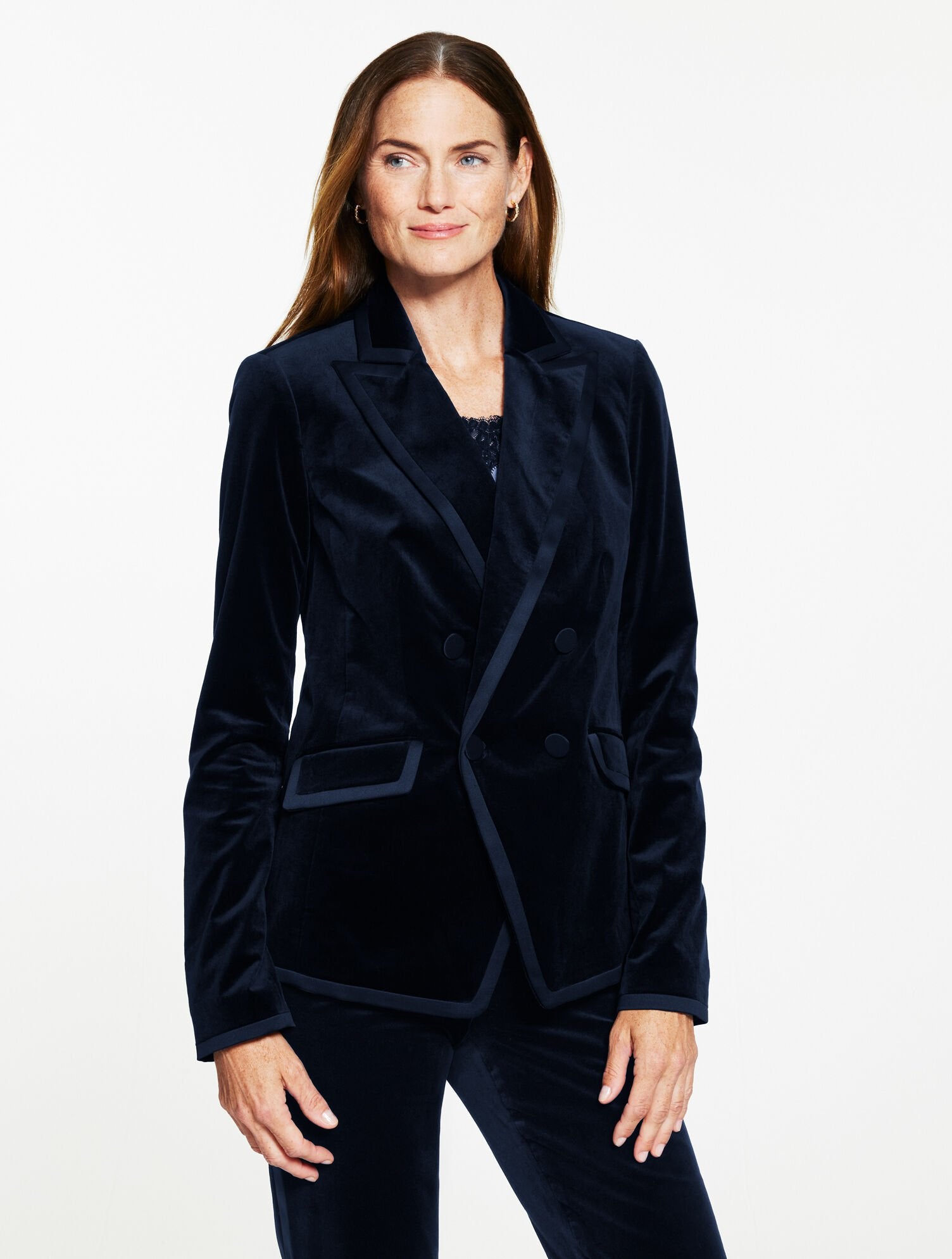 INDIGO BLUE|RICH BURGUNDY TIPPED VELVETEEN BLAZER | Talbots for sale
