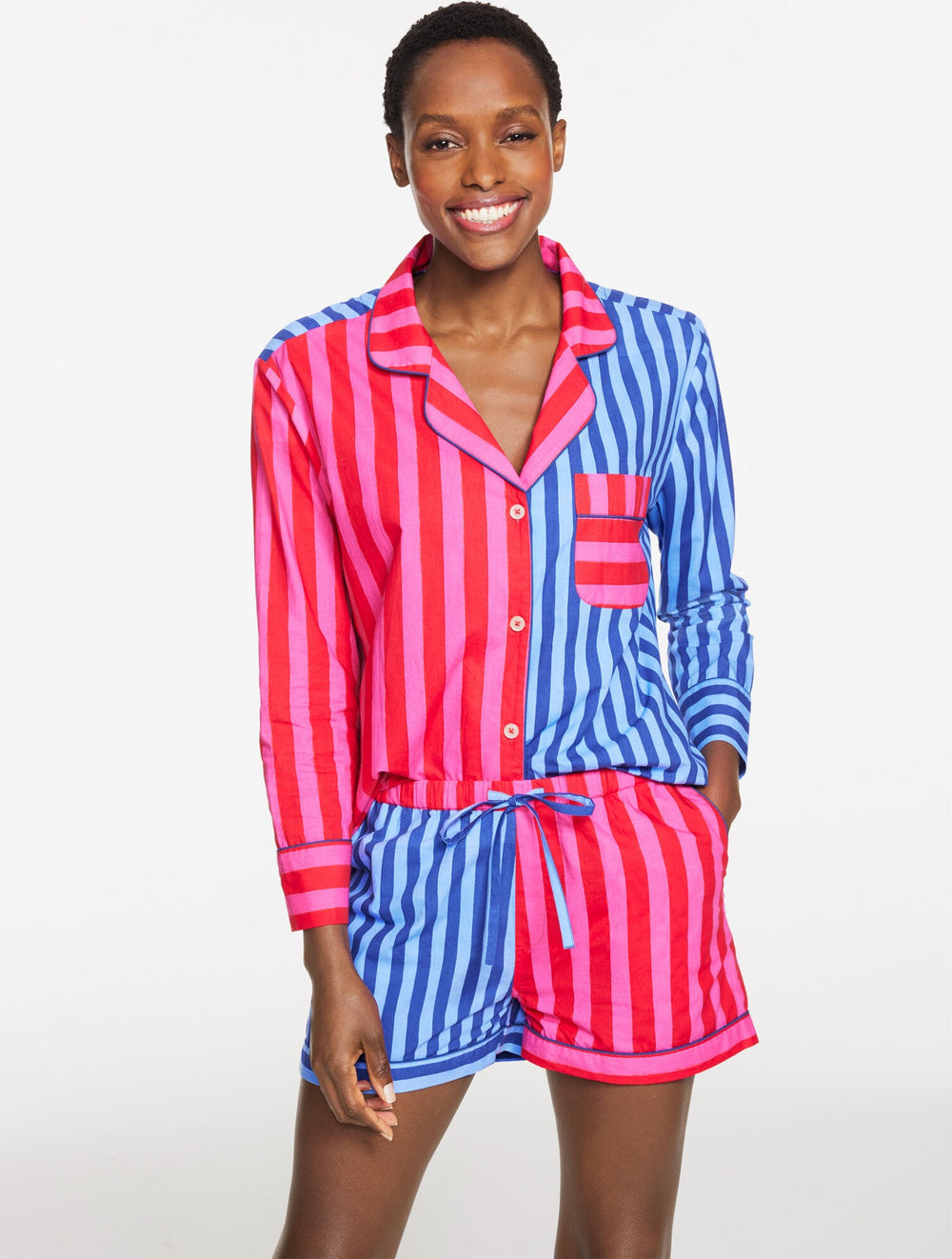 PINK/BLUE PRINTFRESH POPLIN SHORT PAJAMA SET - MIXED STRIPE | Talbots outlet