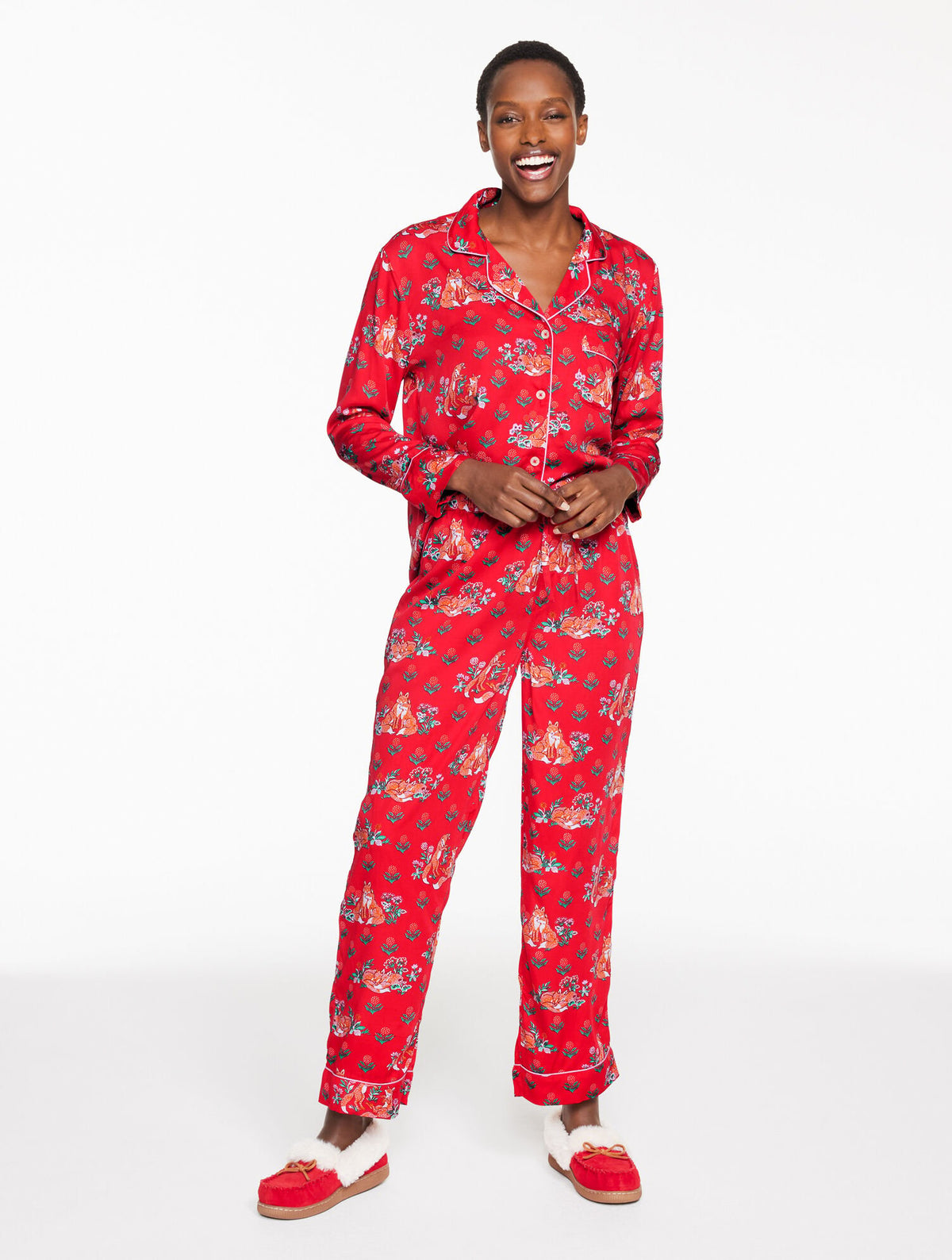 RED MULTI PRINTFRESH SATIN LONG PAJAMA SET - FOX FRIENDS | Talbots sale