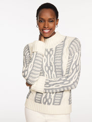 IVORY/GREY|LUSH GREEN MULTI BICOLOR CABLE MOCKNECK SWEATER | Talbots outlet