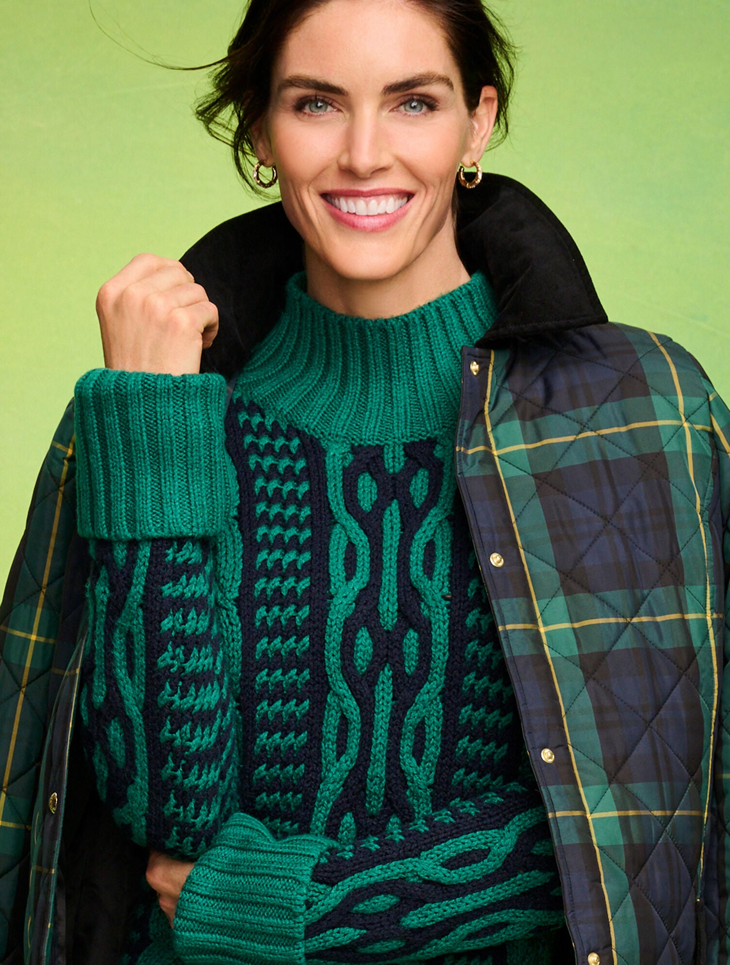 IVORY/GREY|LUSH GREEN MULTI BICOLOR CABLE MOCKNECK SWEATER | Talbots outlet