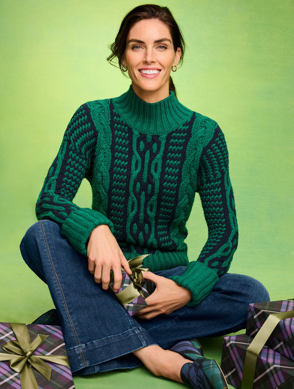 IVORY/GREY|LUSH GREEN MULTI BICOLOR CABLE MOCKNECK SWEATER | Talbots outlet