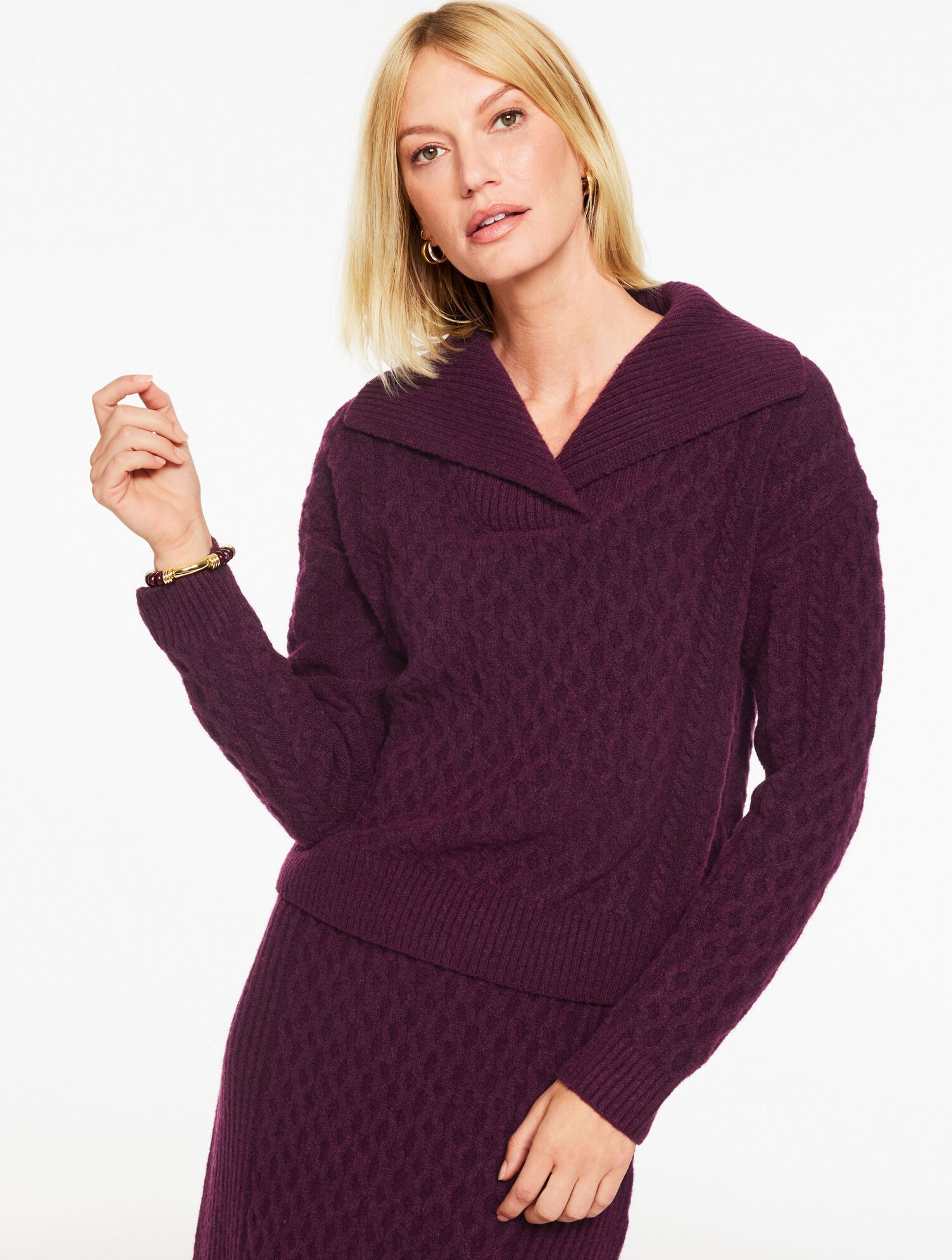 EGGPLANT|SHADOW HEATHER MIXED CABLE SHAWL COLLAR SWEATER | Talbots discount