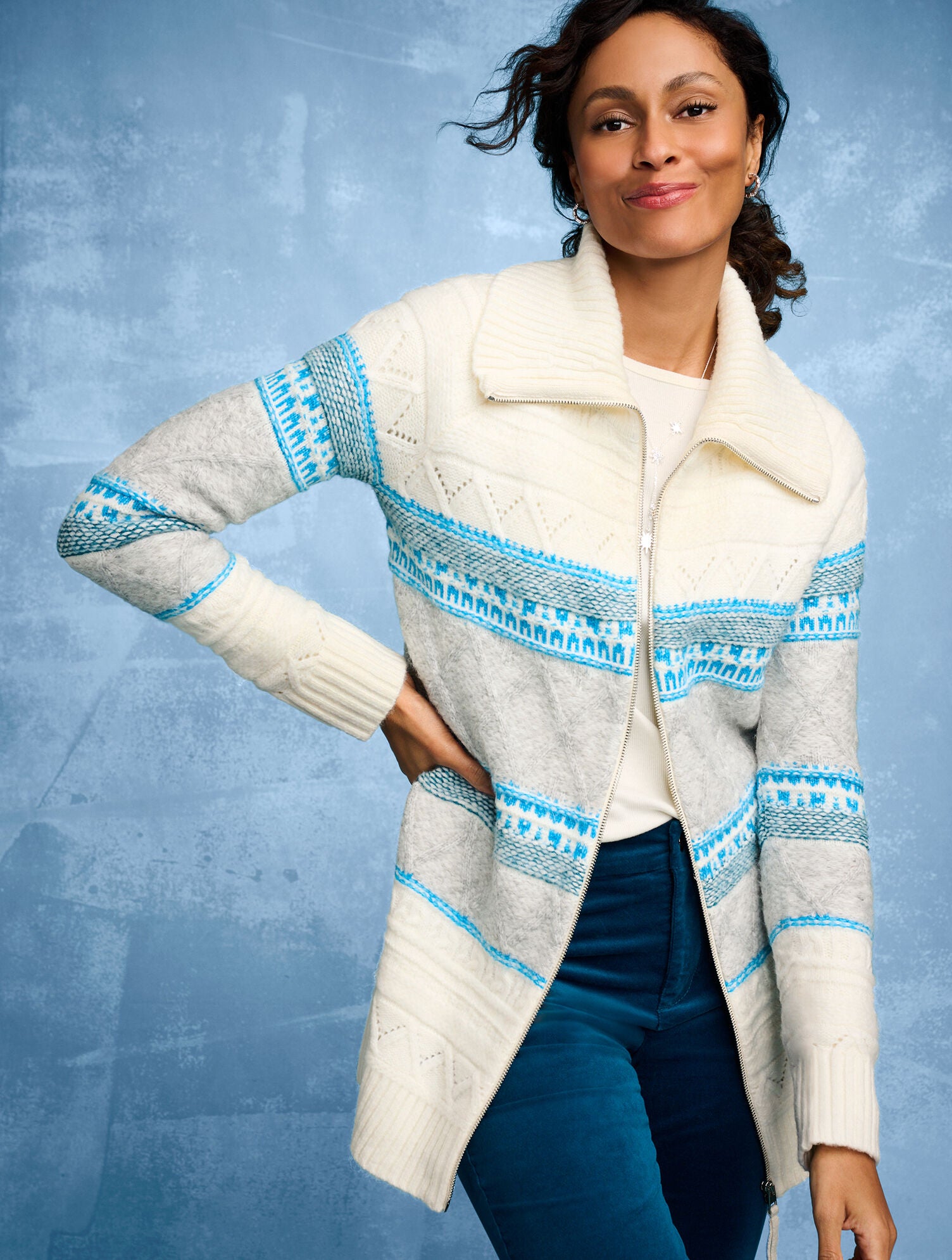 IVORY MULTI MOCKNECK FULL-ZIP CARDIGAN - FAIR ISLE | Talbots online