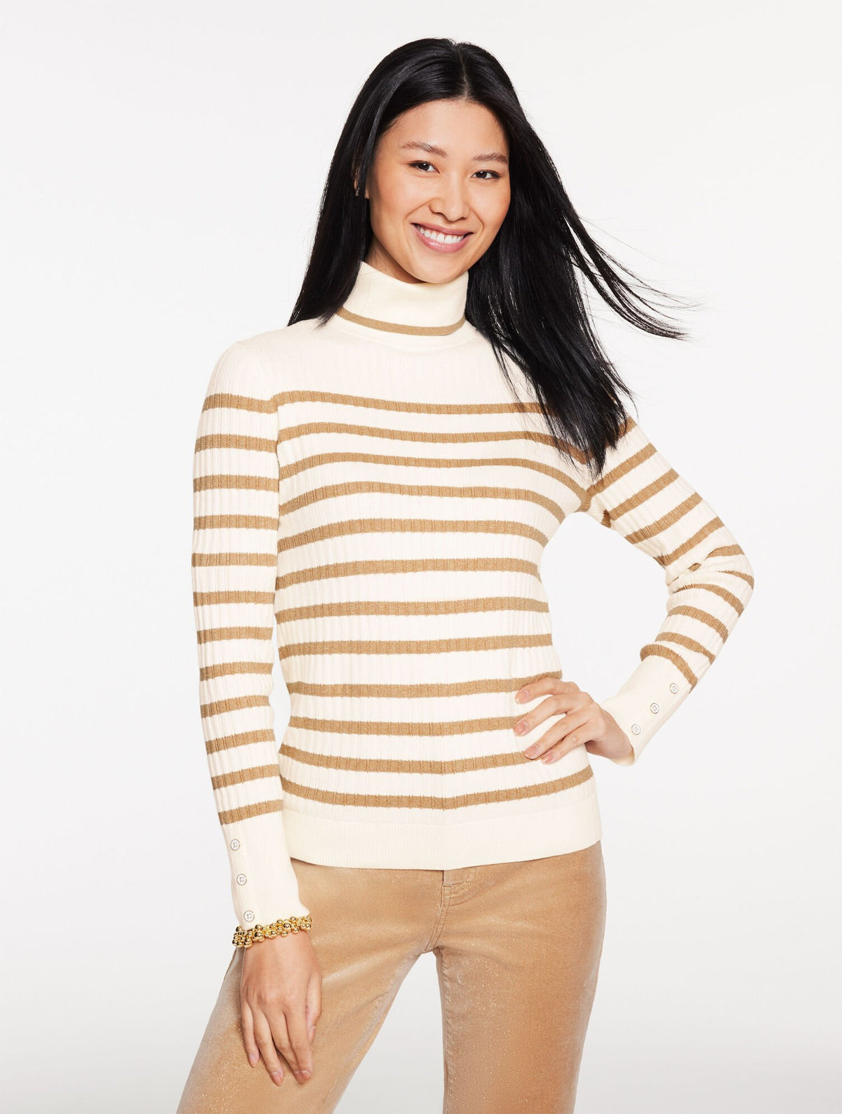 IVORY/TOASTED COCONUT/GLD RIBBED TURTLENECK SWEATER - METALLIC STRIPE | Talbots on sale