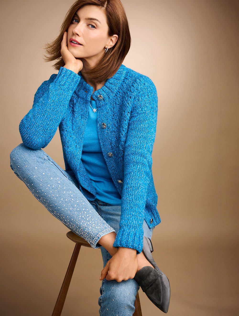 POND BLUE POINTELLE MOCKNECK CARDIGAN - MARL | Talbots sale