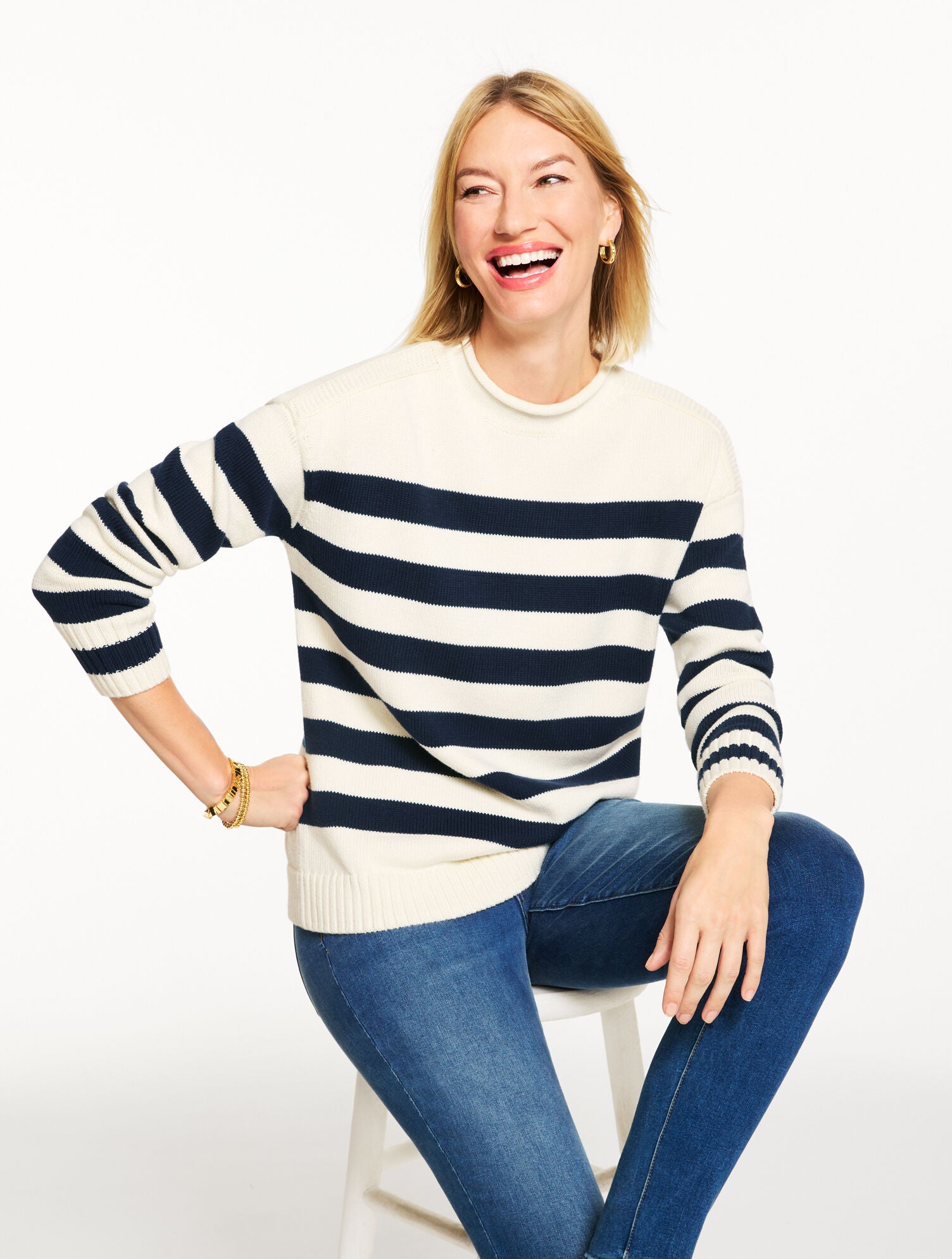 IVORY/INDIGO|IVORY/TOASTED COCONUT HTH THE CLASSIC ROLL NECK SWEATER - STRIPED | Talbots on sale