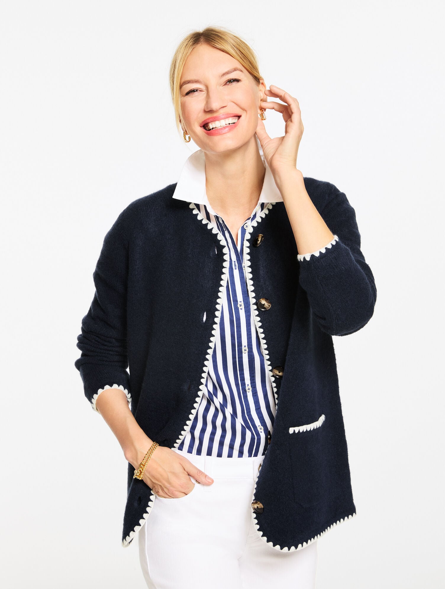 CAMEL MULTI|INDIGO/IVORY CREWNECK CARDIGAN | Talbots on sale