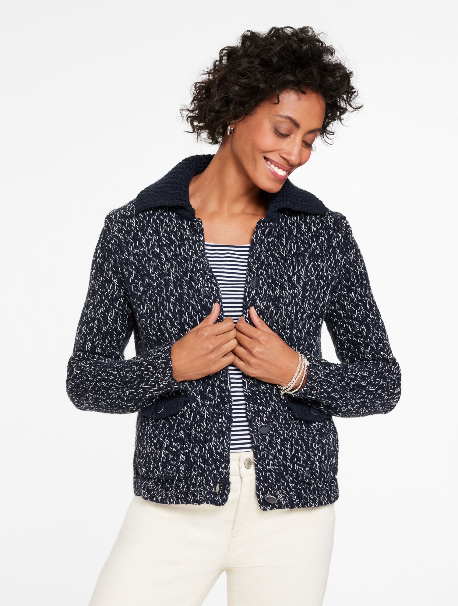 INDIGO/IVORY SWEATER JACKET - MARL STRIPE | Talbots on sale