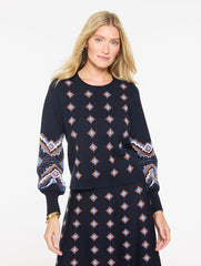 INDIGO MULTI JACQUARD CREWNECK SWEATER - SCALLOP MEDALLION | Talbots discount