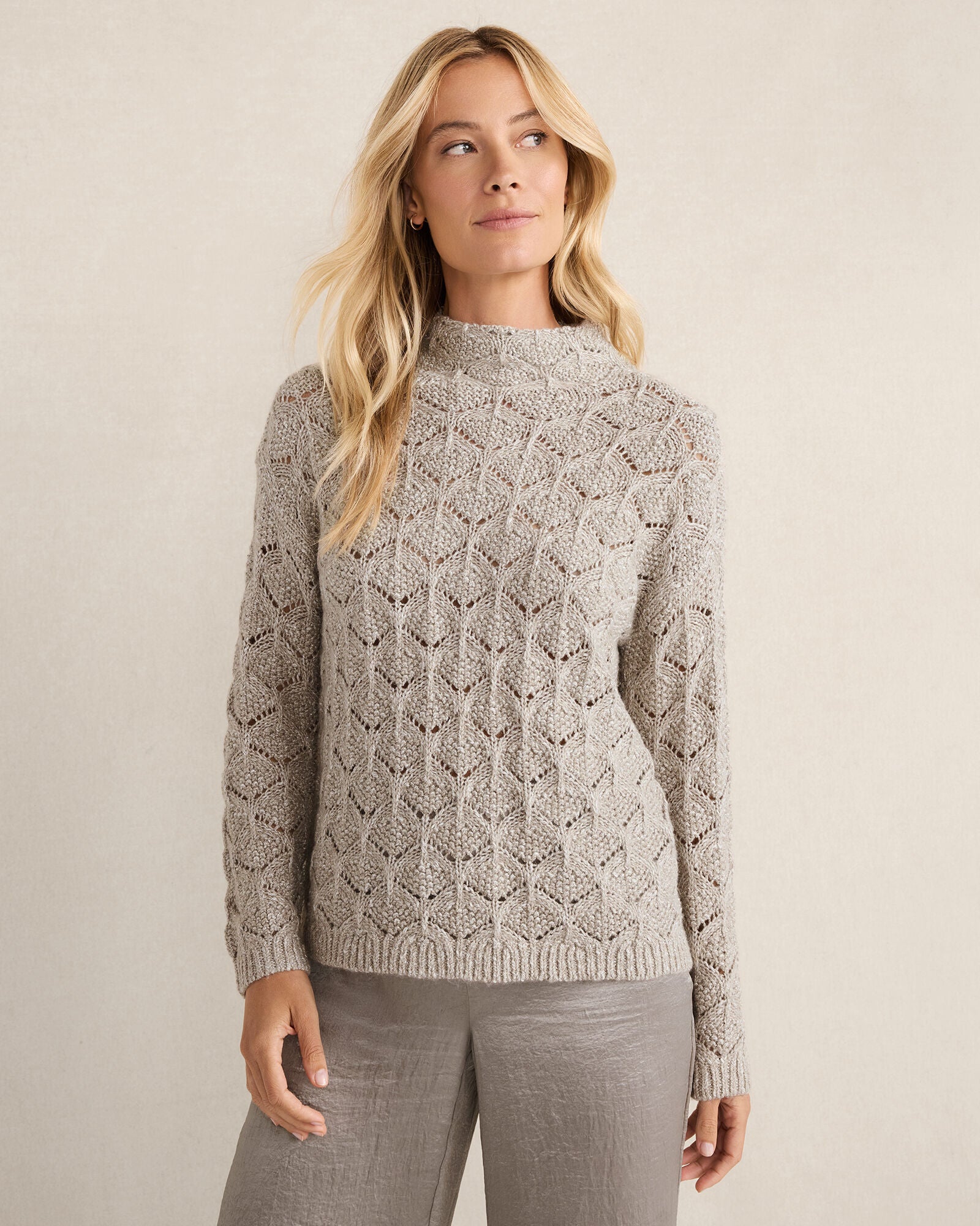 OYSTER SHELL W/LUREX LUREX BLEND POINTELLE CREWNECK SWEATER | Talbots online