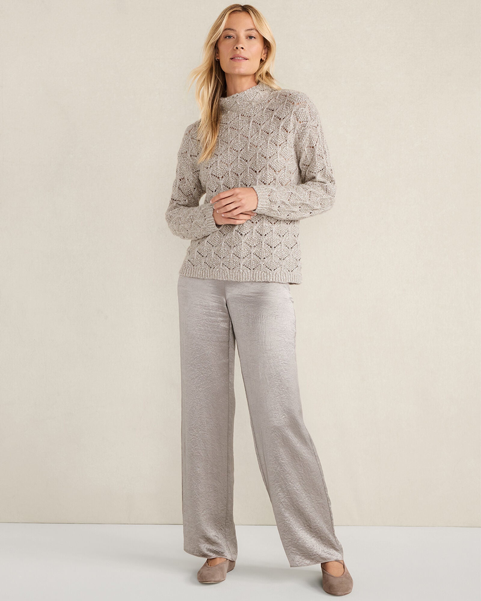 OYSTER SHELL W/LUREX LUREX BLEND POINTELLE CREWNECK SWEATER | Talbots online