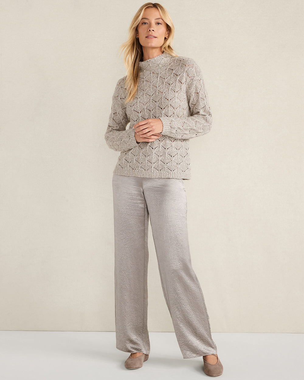 OYSTER SHELL W/LUREX LUREX BLEND POINTELLE CREWNECK SWEATER | Talbots online