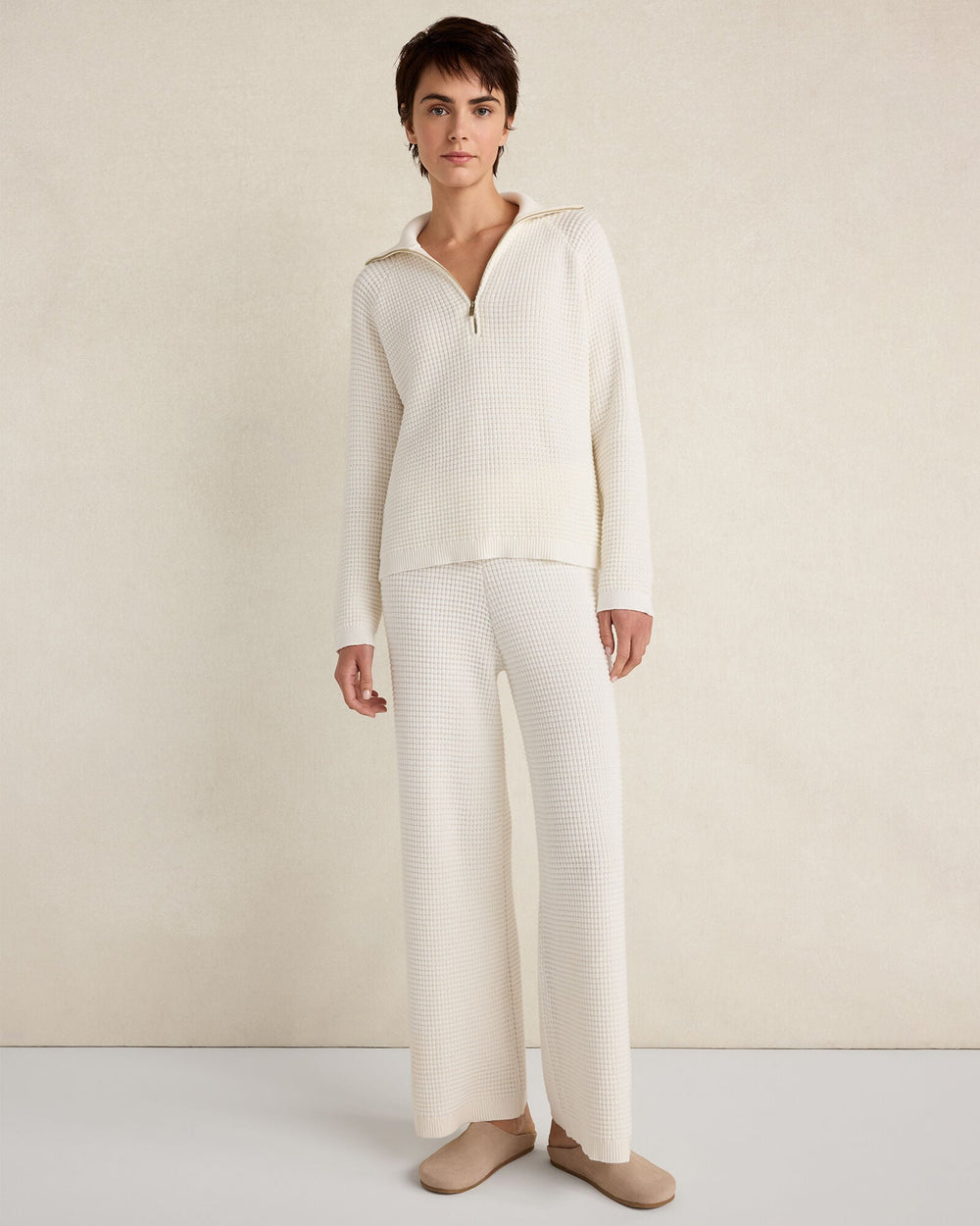 IVORY ORGANIC COTTON CASHMERE WAFFLE WIDE LEG PANTS | Talbots discount