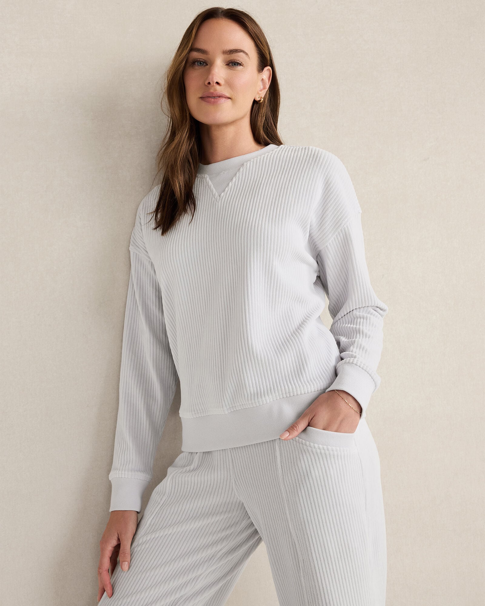CHANTRELLE|GLACIER FROST|RAINFALL CORDED VELOUR CREWNECK PULLOVER | Talbots outlet