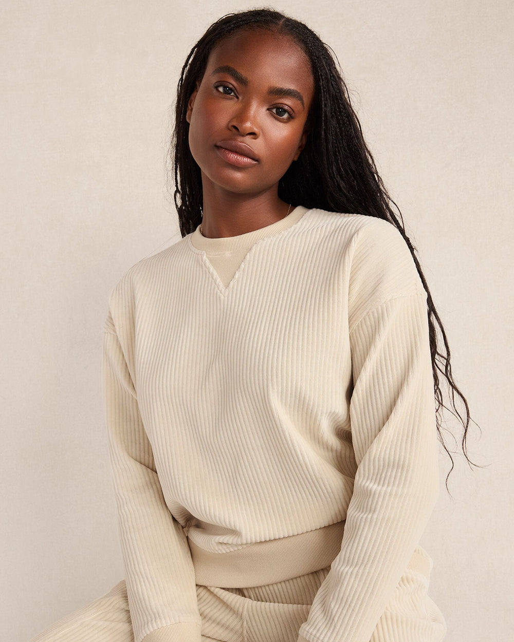CHANTRELLE|GLACIER FROST|RAINFALL CORDED VELOUR CREWNECK PULLOVER | Talbots outlet