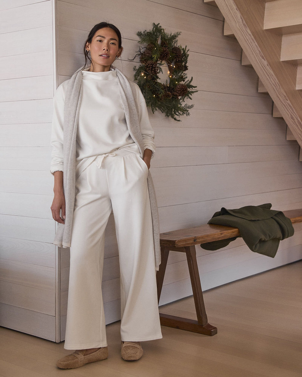 IVORY|NORTH SEA|OYSTER SHELL SOFT-BRUSHED FLEECE WIDE LEG PANTS | Talbots for sale