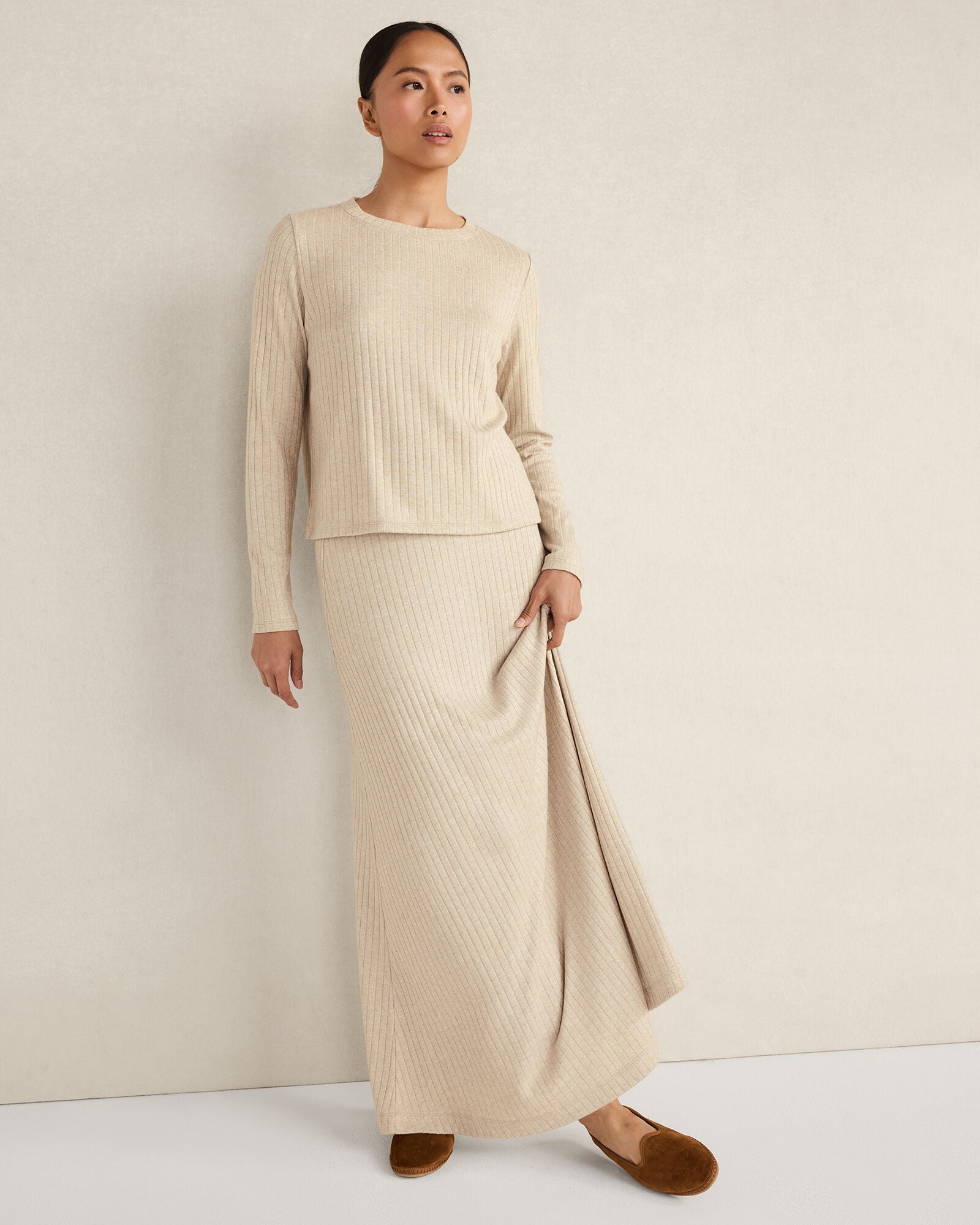 CHAMPAGNE HTHR METALLIC LUREX RIB KNIT MAXI SKIRT | Talbots near me