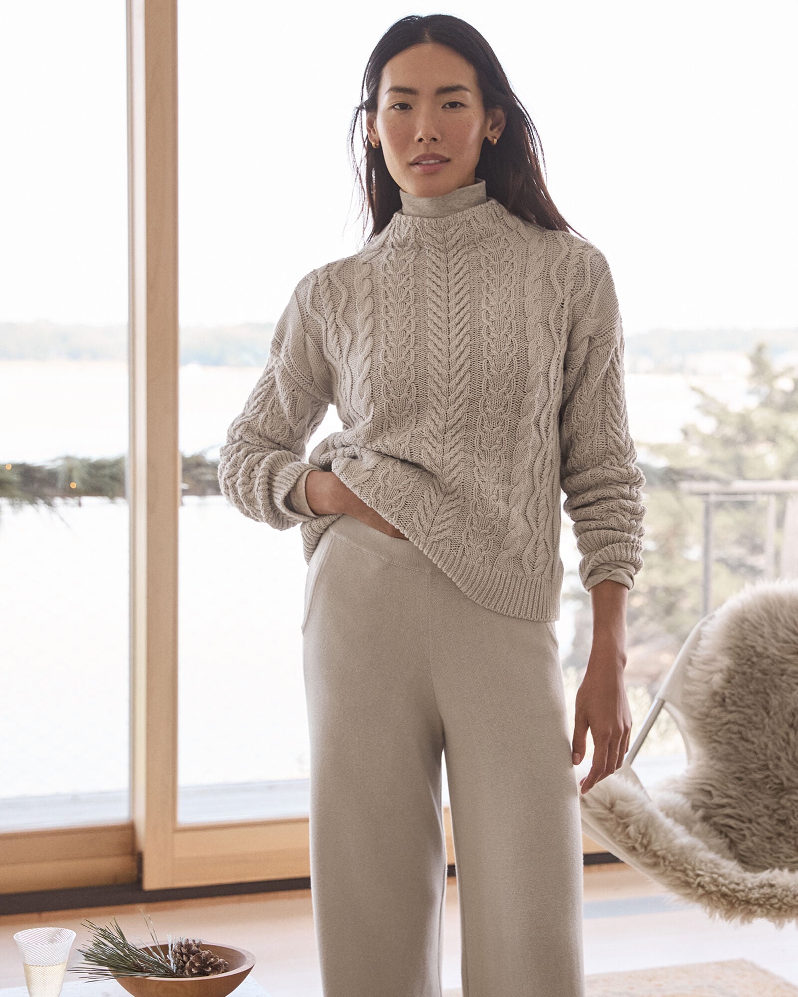 OYSTER SHELL|HUNTER ORGANIC COTTON CABLE MOCKNECK SWEATER | Talbots for sale
