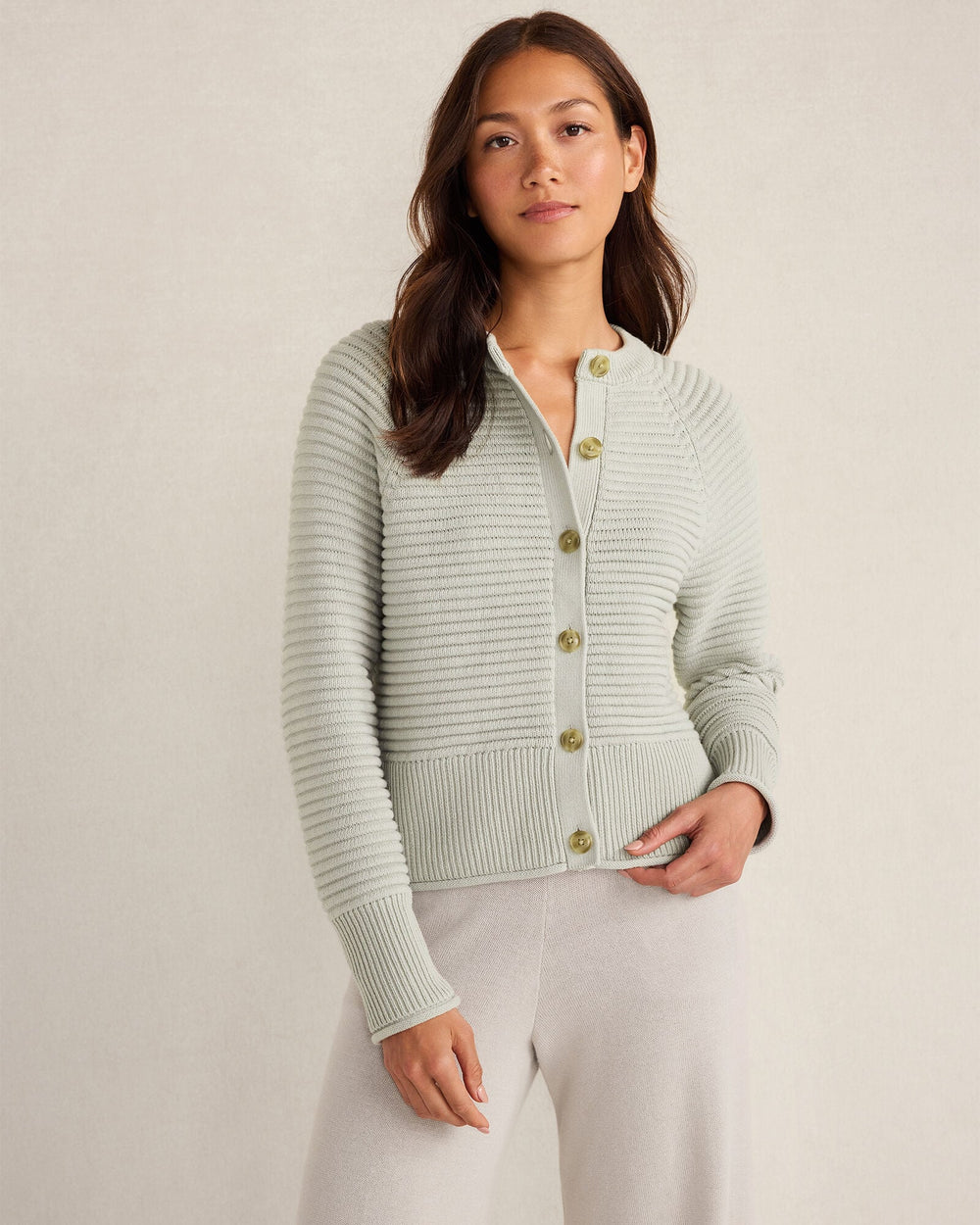 RAINFALL|SEA MIST ORGANIC COTTON HORIZONTAL STITCH CARDIGAN | Talbots sale