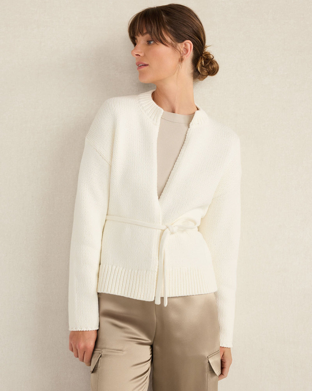 IVORY|NORTH SEA|OYSTER SHELL CHUNKY COTTON BLEND BELTED CARDIGAN | Talbots for sale