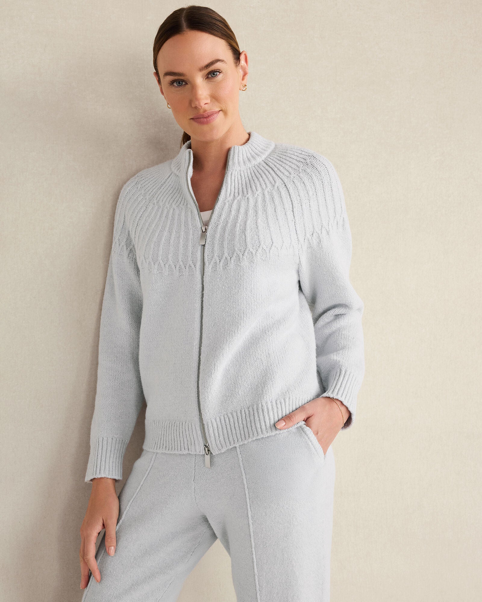 GLACIER FROST ORGANIC COTTON BLEND FAIR ISLE STITCH BOMBER | Talbots near me