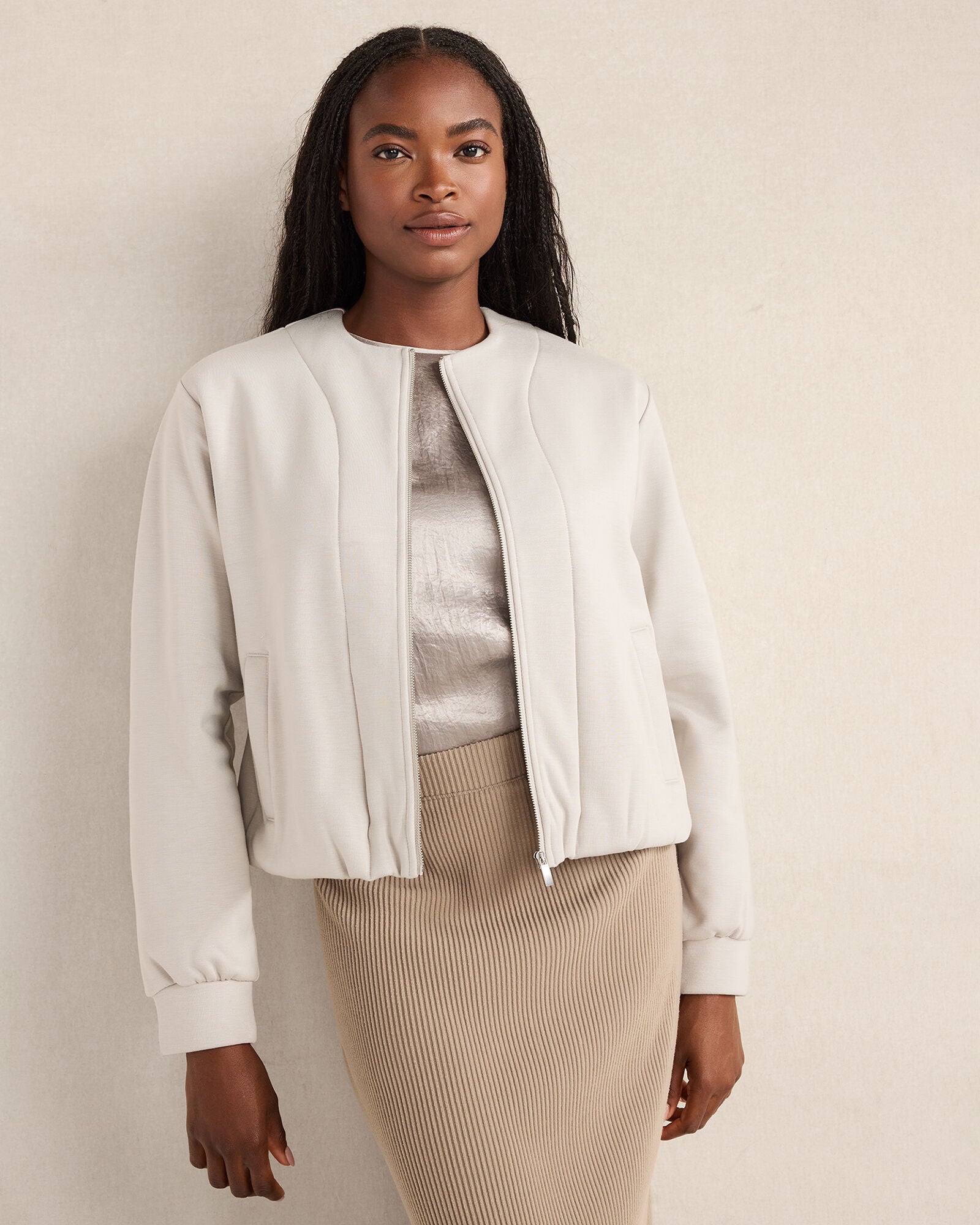 OYSTER SHELL SOFT-BRUSHED FLEECE BUBBLE BOMBER | Talbots near me