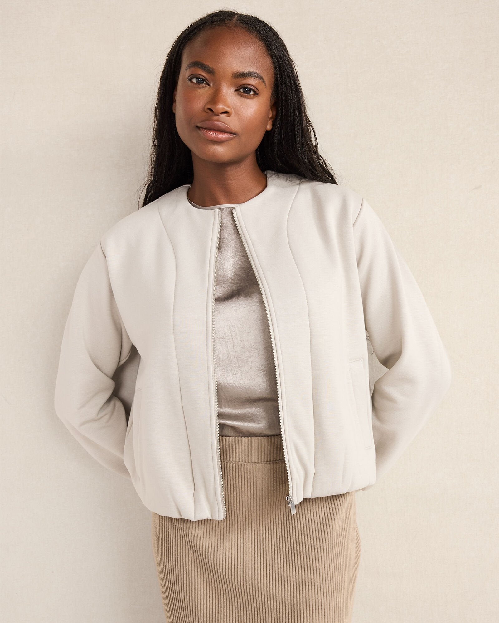 OYSTER SHELL SOFT-BRUSHED FLEECE BUBBLE BOMBER | Talbots near me