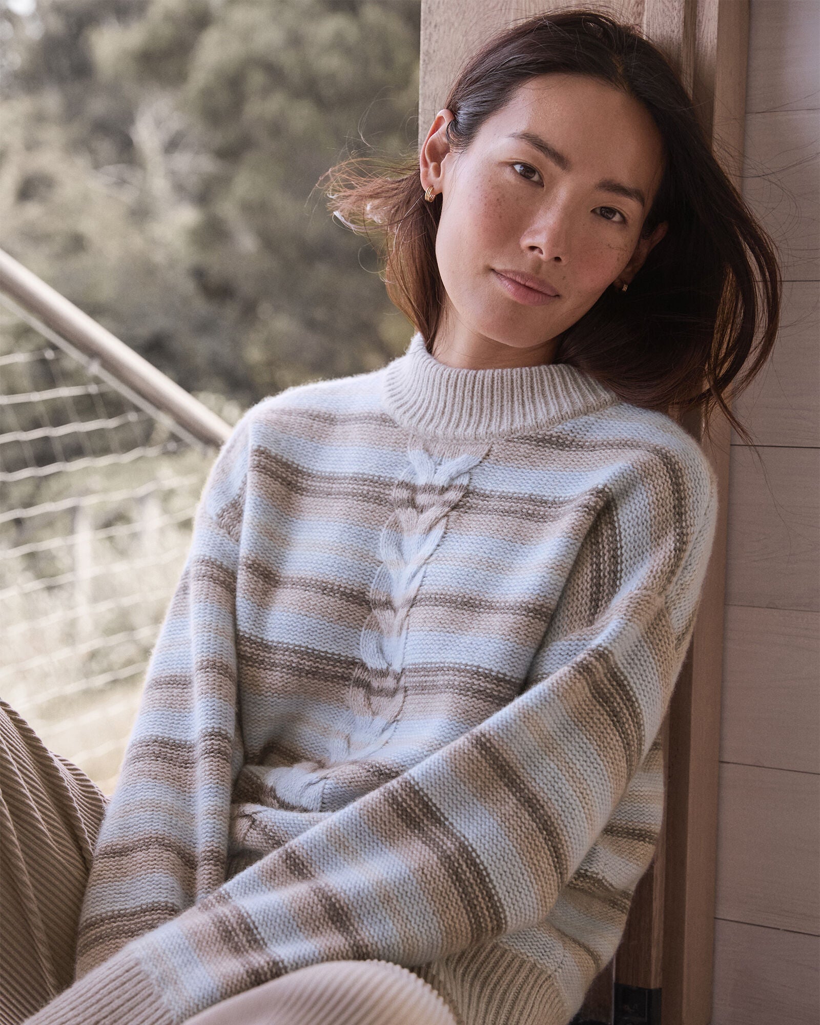 MOUNTAIN CABLE/HERON HTHR WOOL BLEND CABLE STRIPE CREWNECK SWEATER | Talbots near me