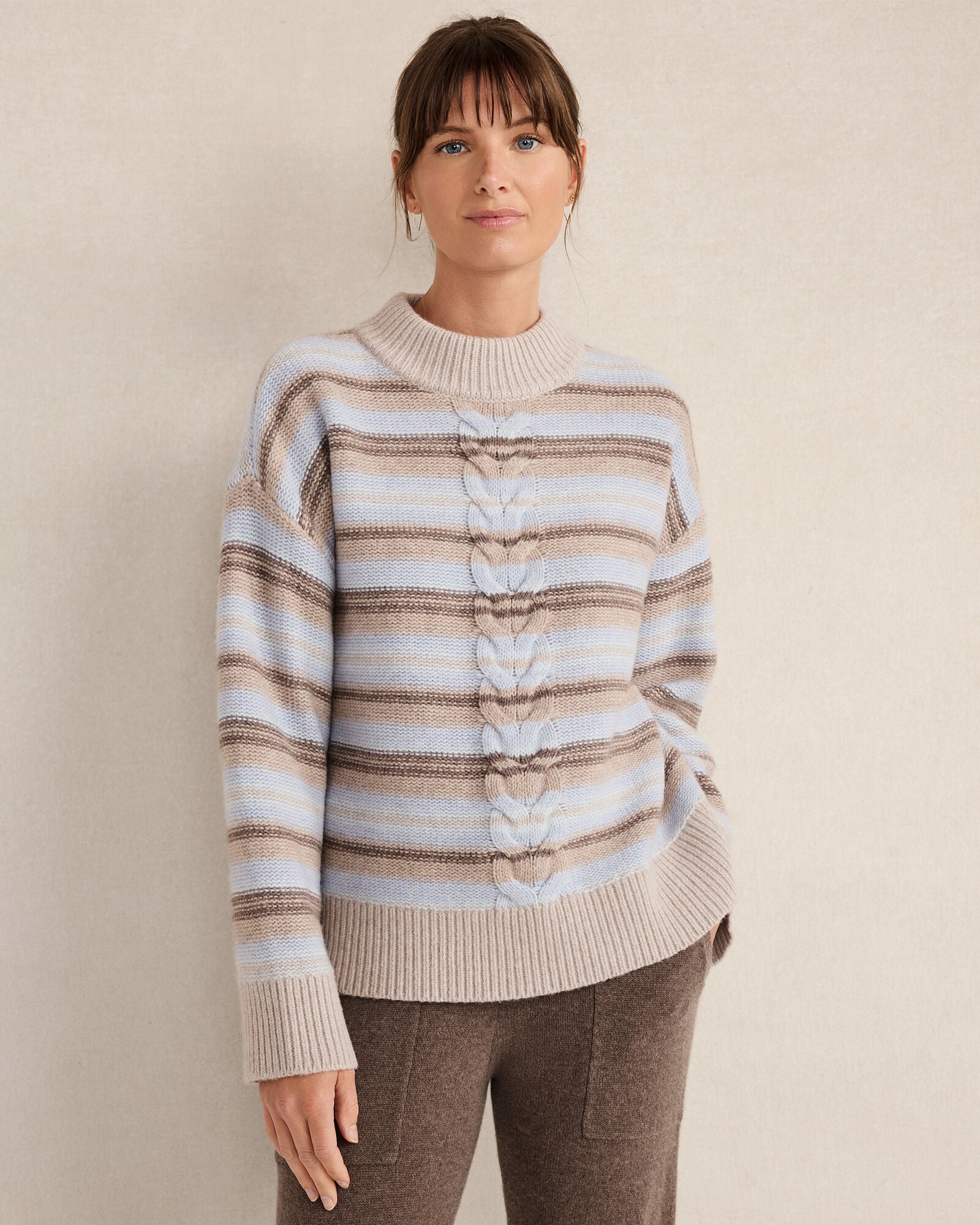 MOUNTAIN CABLE/HERON HTHR WOOL BLEND CABLE STRIPE CREWNECK SWEATER | Talbots near me