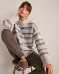 MOUNTAIN CABLE/HERON HTHR WOOL BLEND CABLE STRIPE CREWNECK SWEATER | Talbots near me