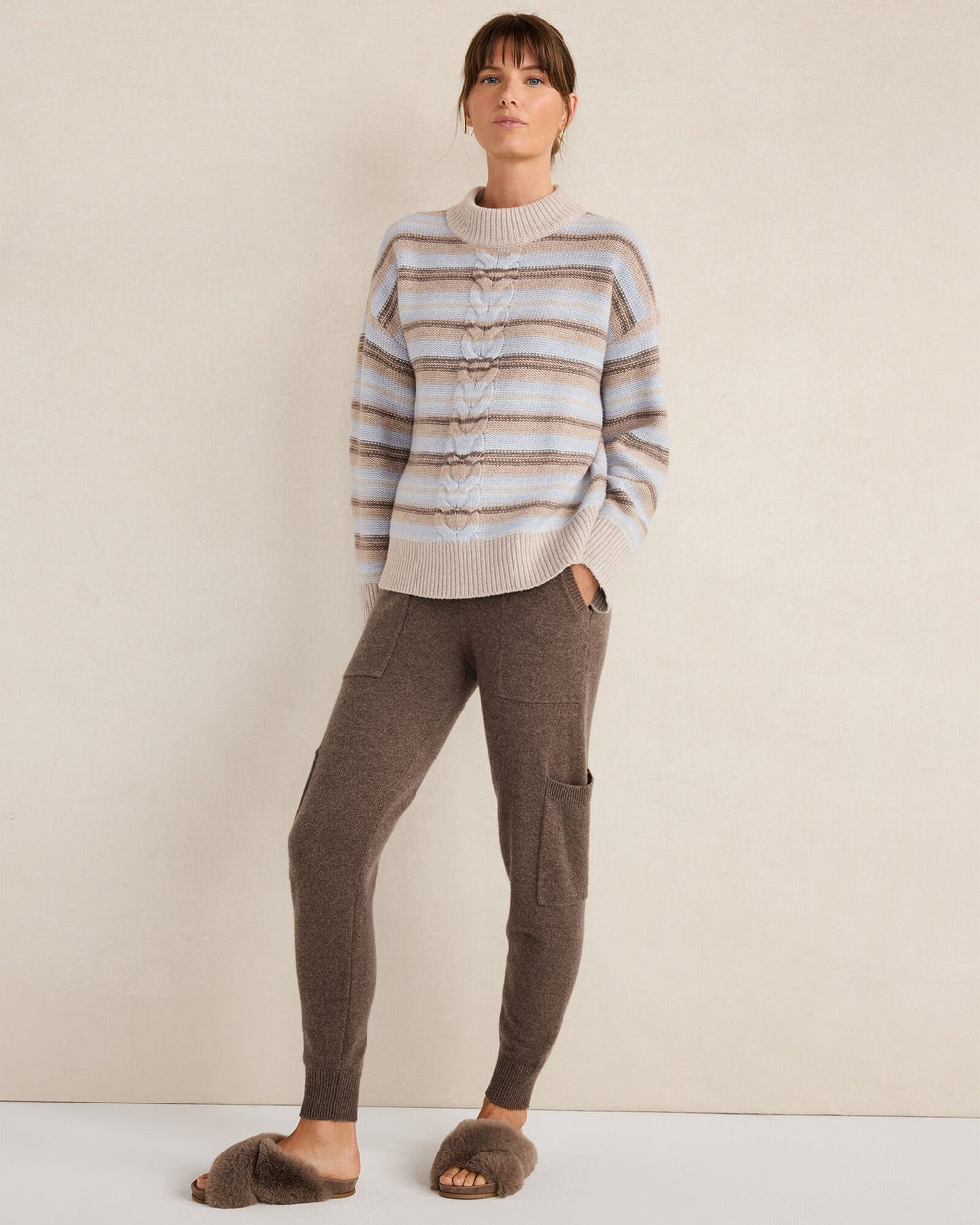 MOUNTAIN CABLE/HERON HTHR WOOL BLEND CABLE STRIPE CREWNECK SWEATER | Talbots near me