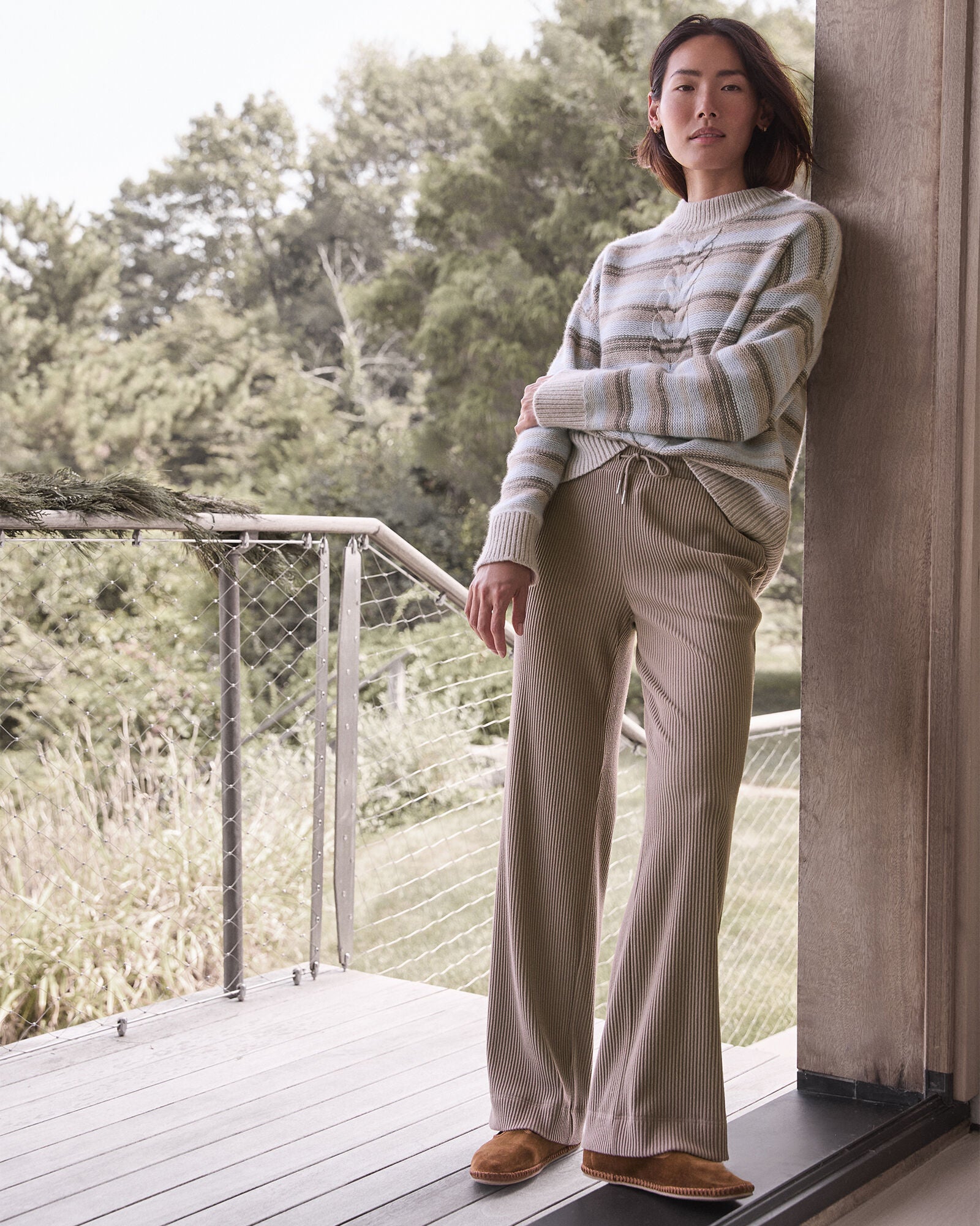 MOUNTAIN CABLE/HERON HTHR WOOL BLEND CABLE STRIPE CREWNECK SWEATER | Talbots near me
