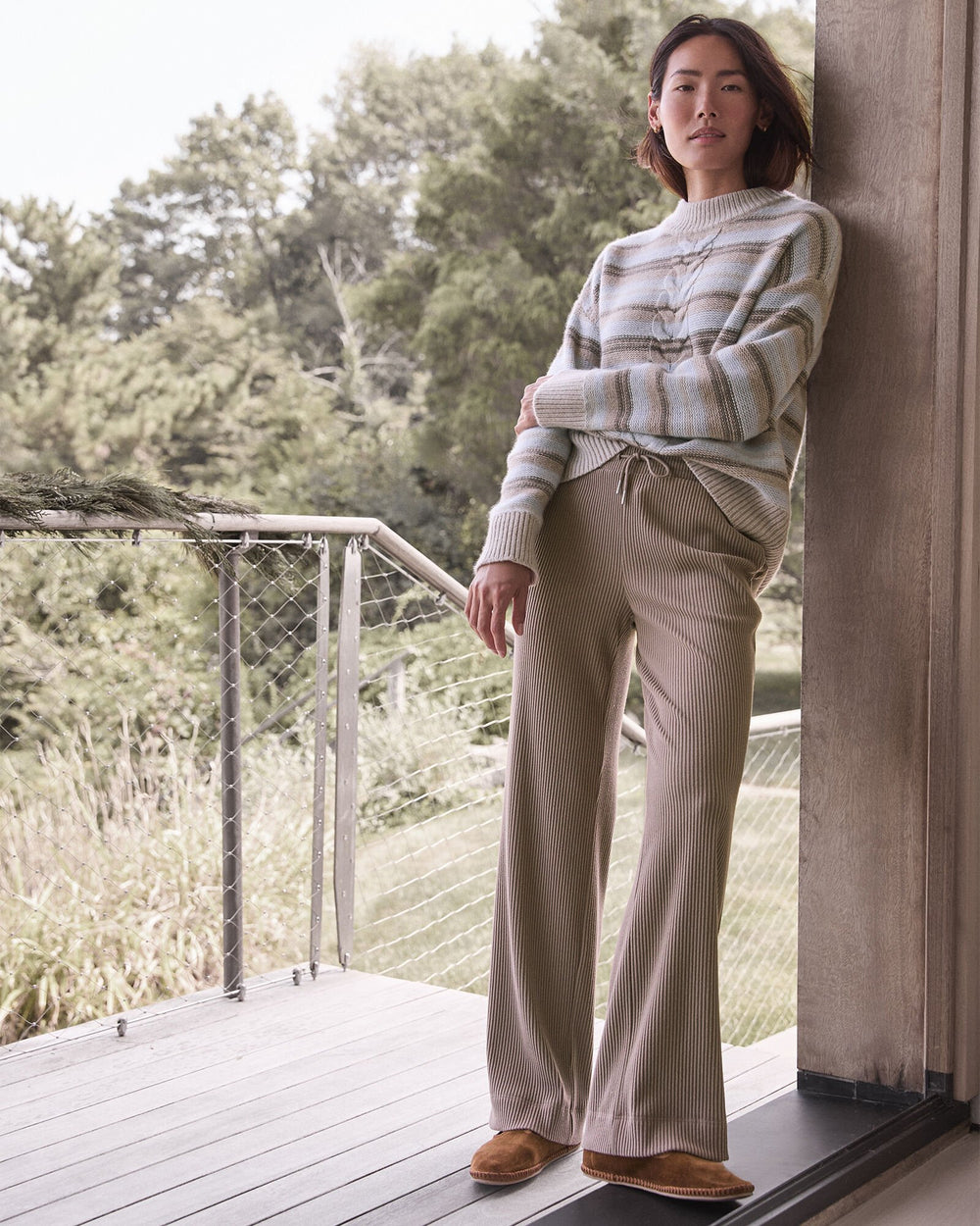 MOUNTAIN CABLE/HERON HTHR WOOL BLEND CABLE STRIPE CREWNECK SWEATER | Talbots near me