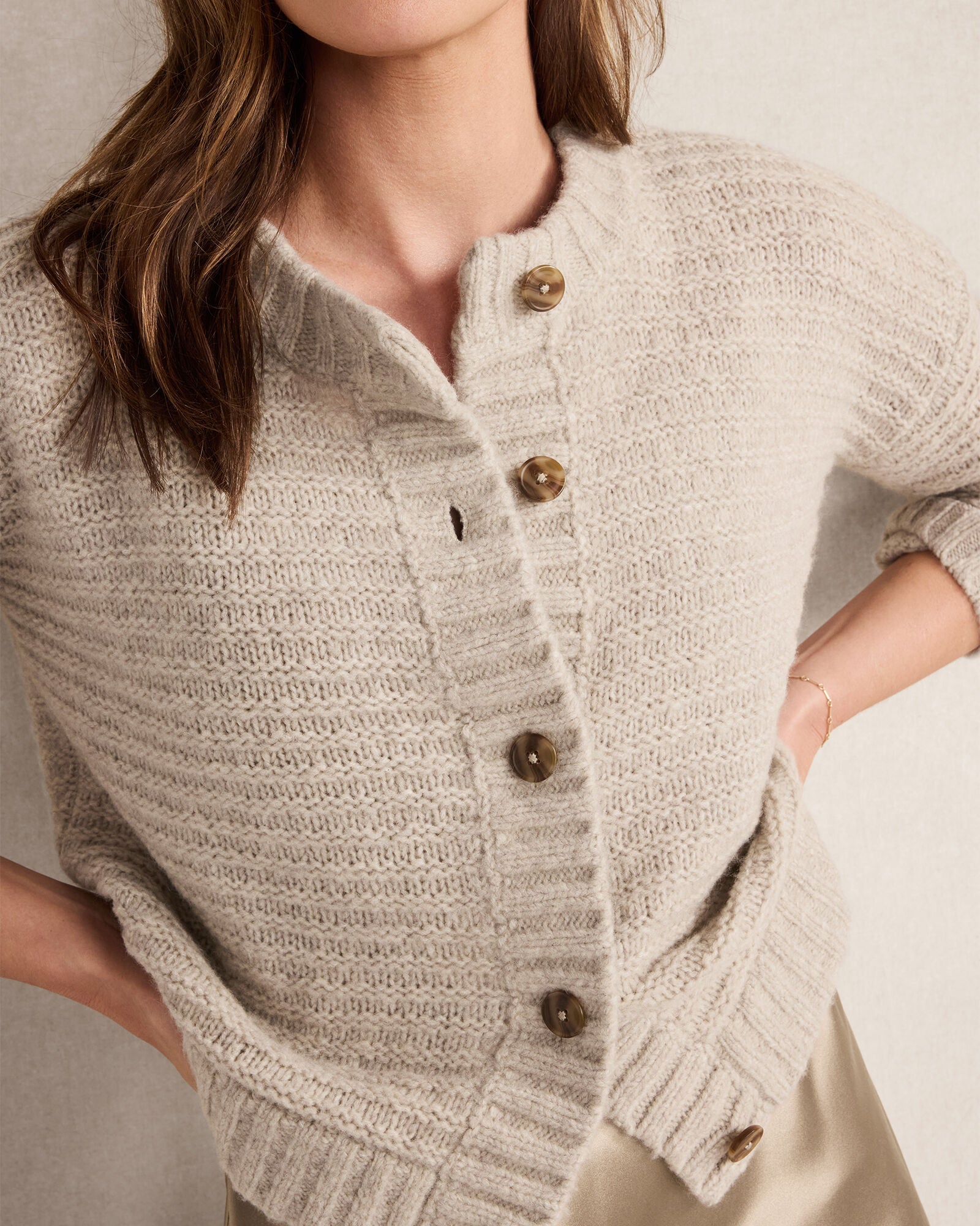 GRANITE GREY|SILVER MIST MERINO WOOL CASHMERE LINK STITCH CARDIGAN | Talbots US