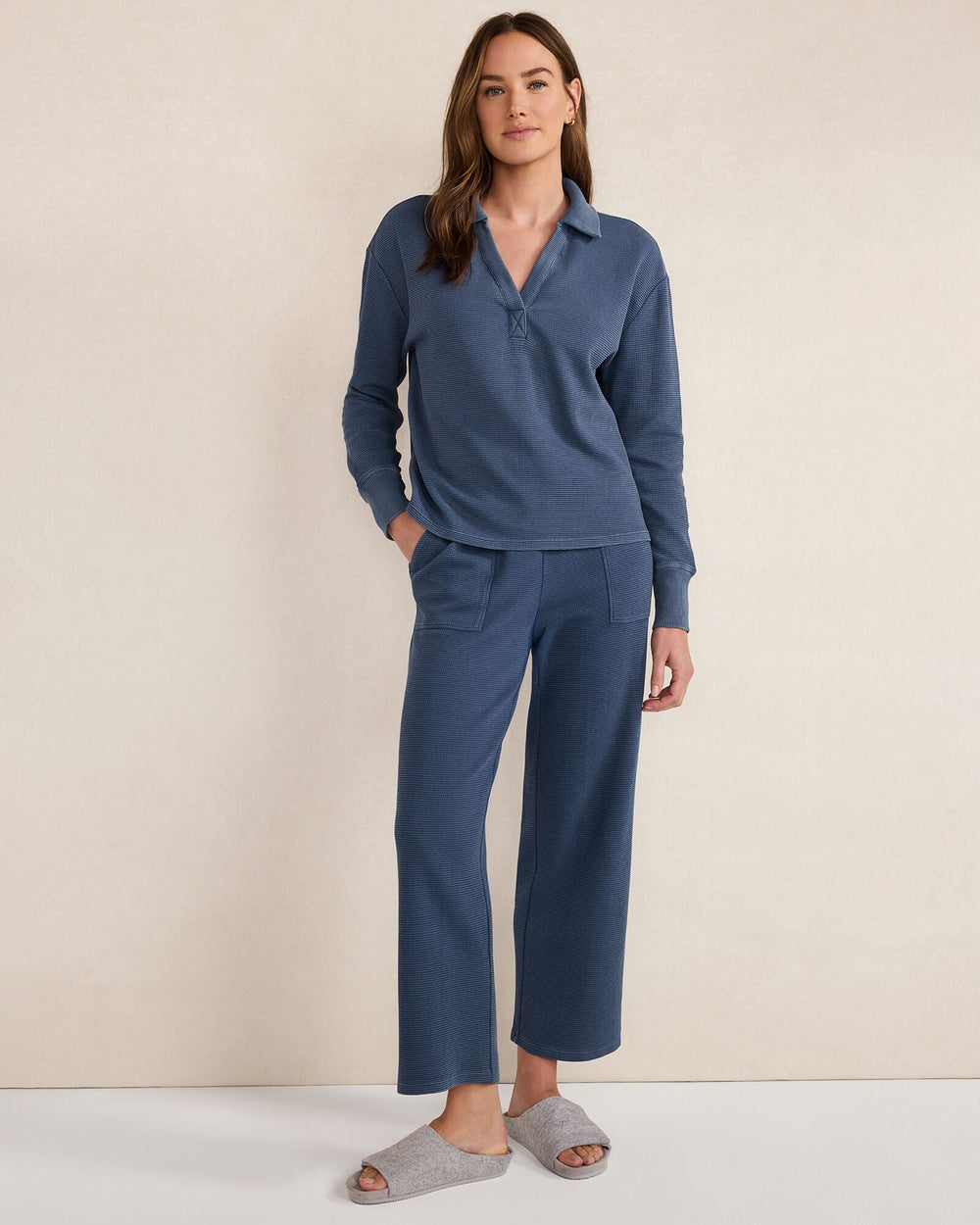 GARMENT DYE NIGHTFALL|GARMENT DYE NORTH SEA|SEEDED UNDYED ORGANIC COTTON WAFFLE JOHNNY COLLAR TOP | Talbots US