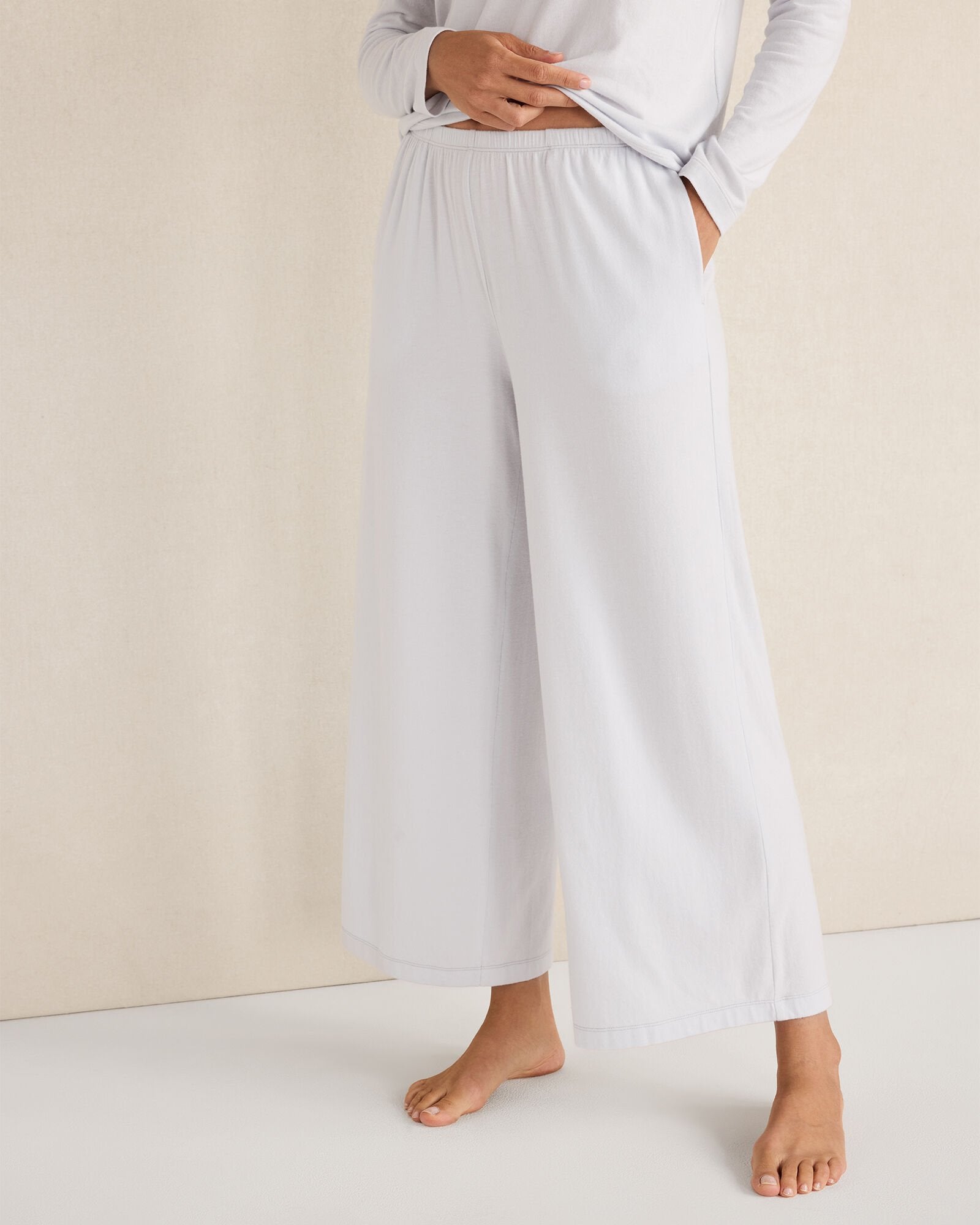 FROST HTHR|GLACIER FROST|OYSTER SHELL HTHR COTTON MODAL BRUSHED JERSEY WIDE LEG PANTS | Talbots on sale