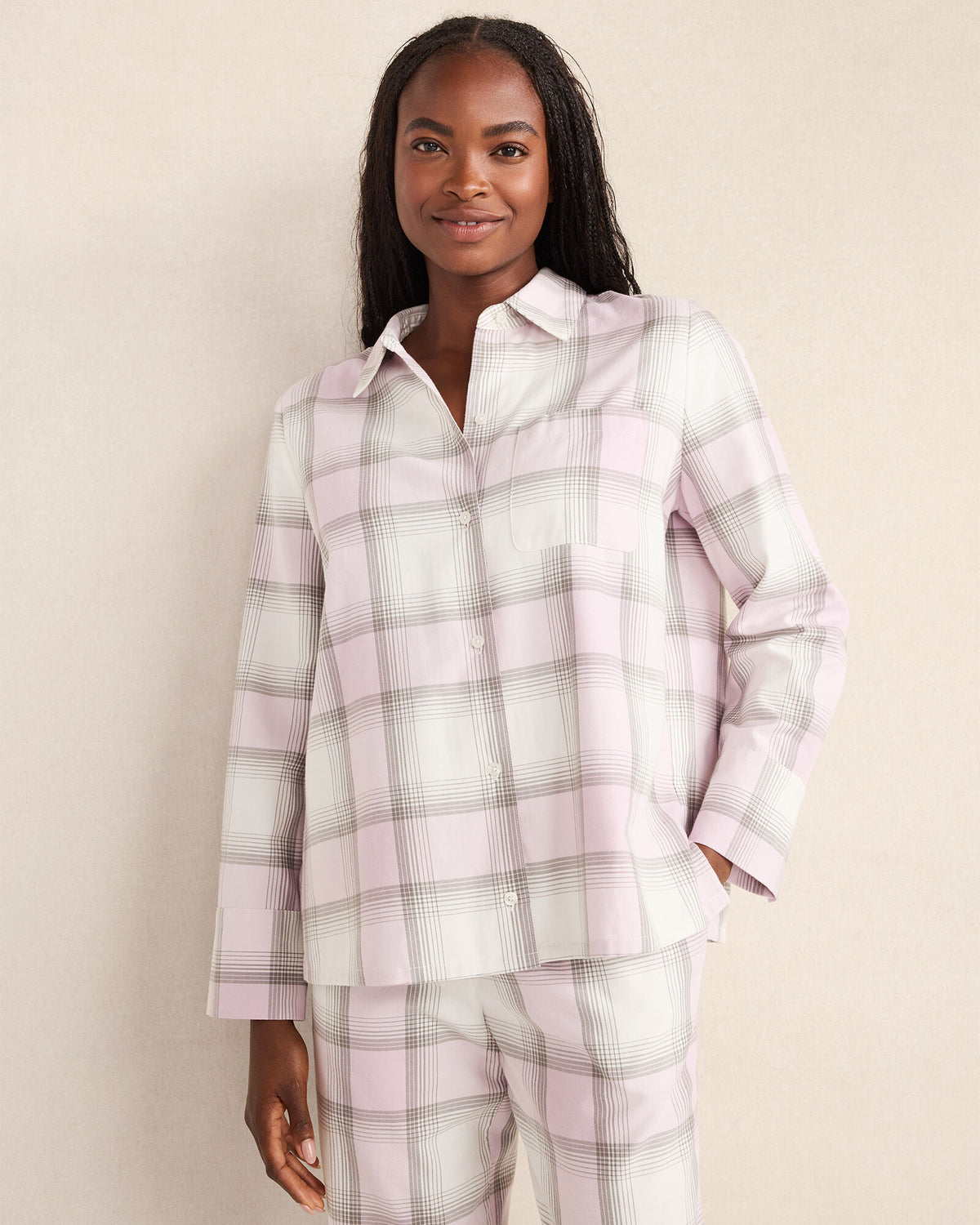 LILAC FROST FIREPLACE PLD LIGHTWEIGHT FLANNEL FROSTED PLAID PAJAMA TOP | Talbots discount