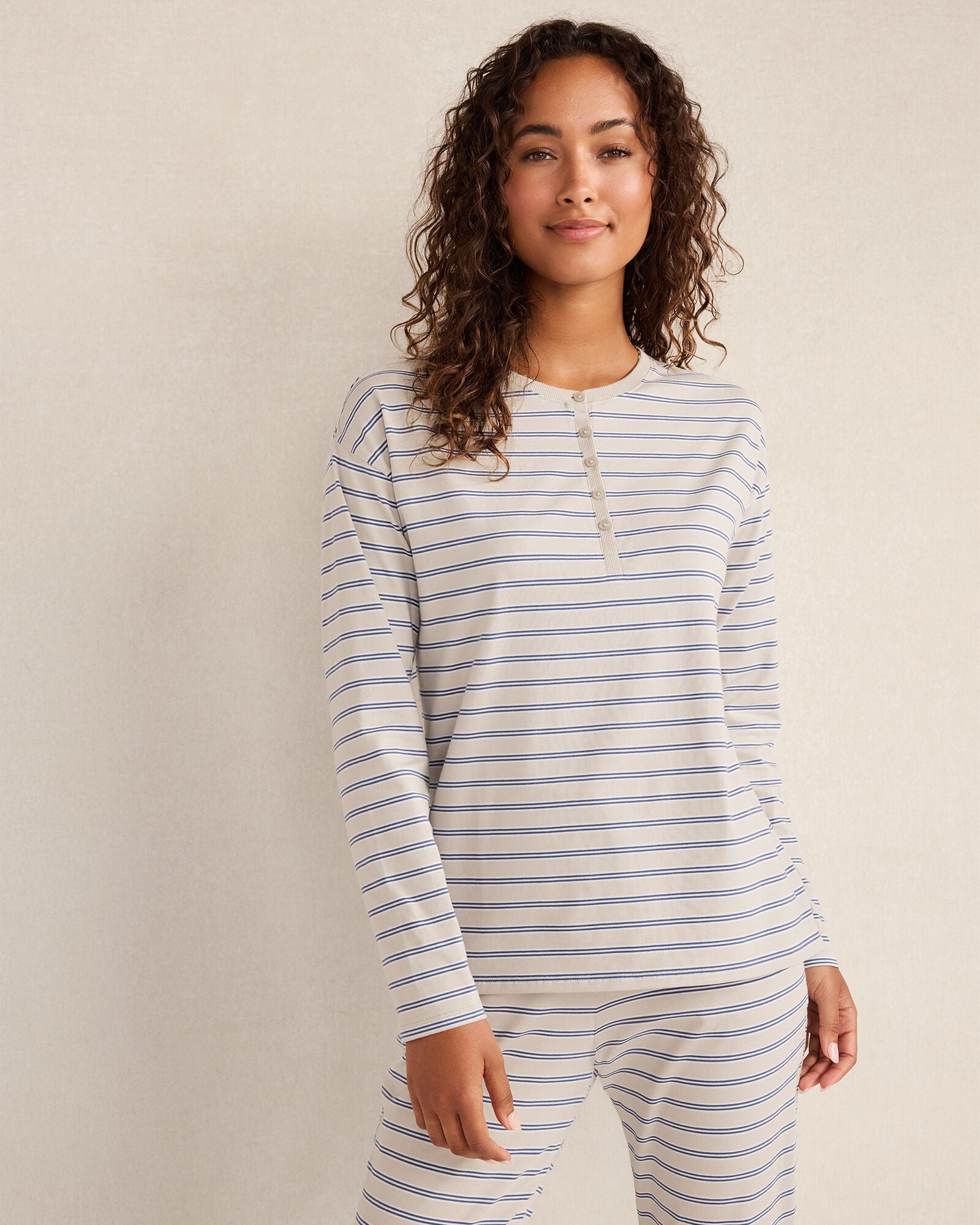OYSTER SHELL STRIPE ORGANIC COTTON JERSEY STRIPE HENLEY | Talbots on sale
