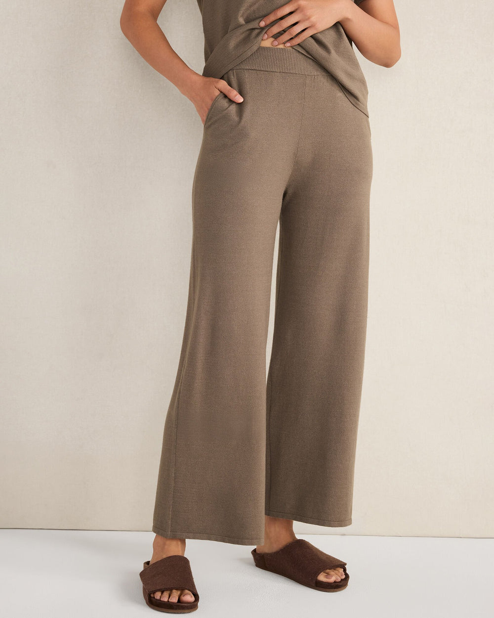 PURE TAUPE HTHR|SLATE BROWN RELAXED JERSEY WIDE LEG PANTS | Talbots on sale