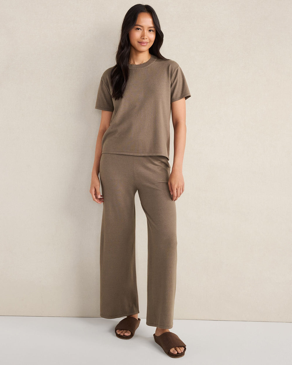 PURE TAUPE HTHR|SLATE BROWN RELAXED JERSEY WIDE LEG PANTS | Talbots on sale