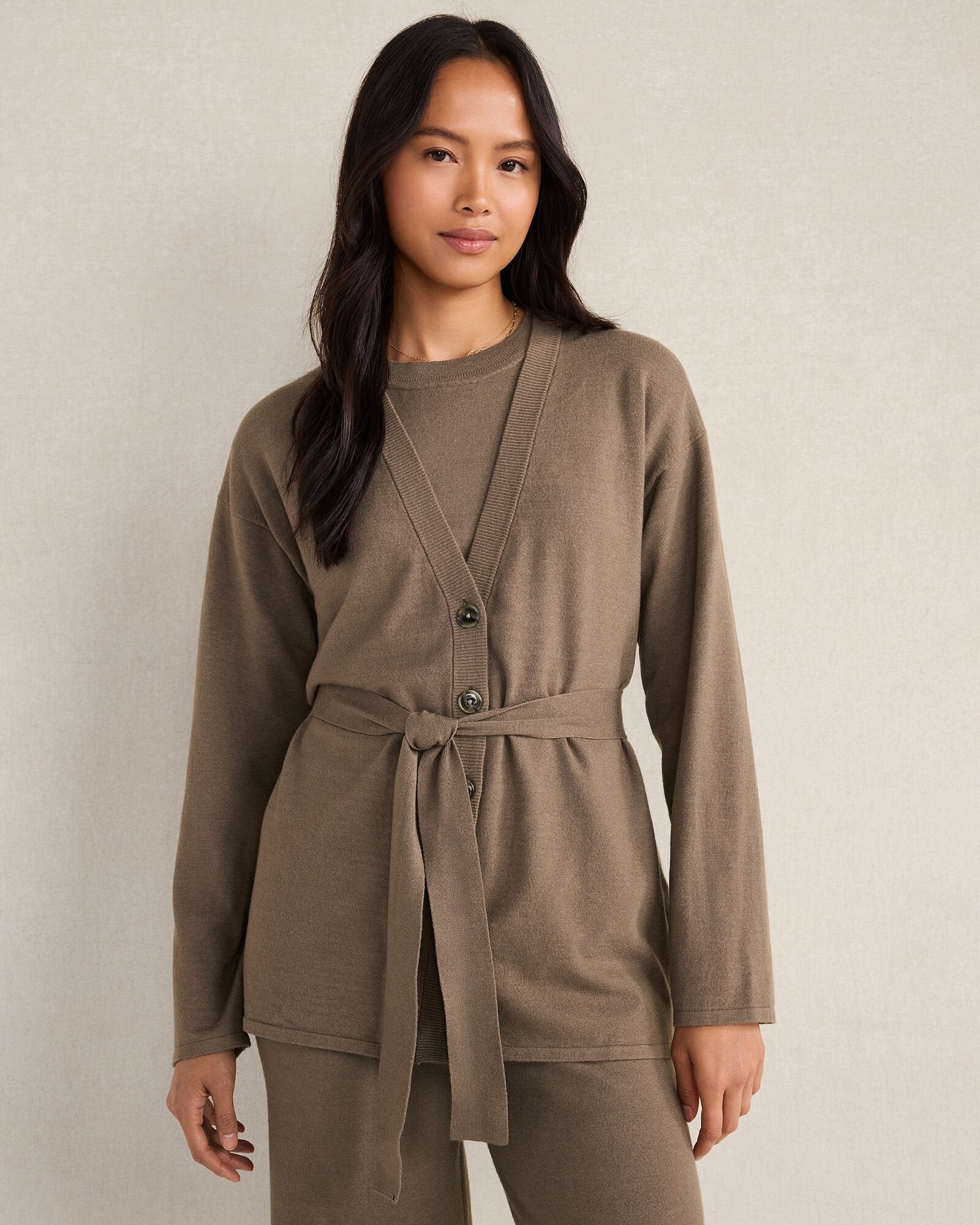 PURE TAUPE HTHR|SLATE BROWN RELAXED JERSEY CARDIGAN | Talbots online