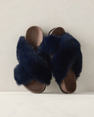 NIGHTENGALE|TRUE NAVY FAUX FUR CRISS CROSS MOLDED SLIPPERS | Talbots online