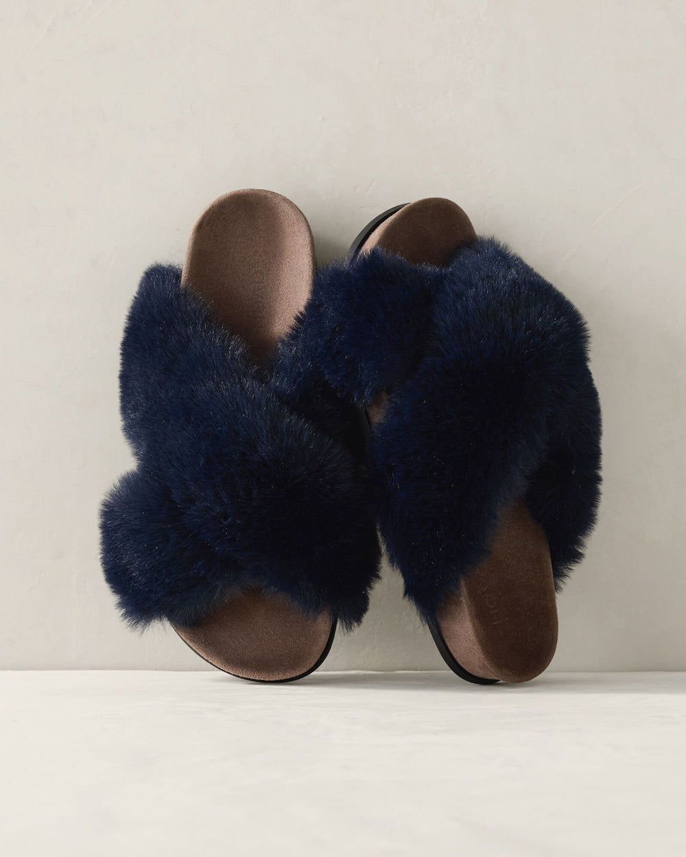 NIGHTENGALE|TRUE NAVY FAUX FUR CRISS CROSS MOLDED SLIPPERS | Talbots sale