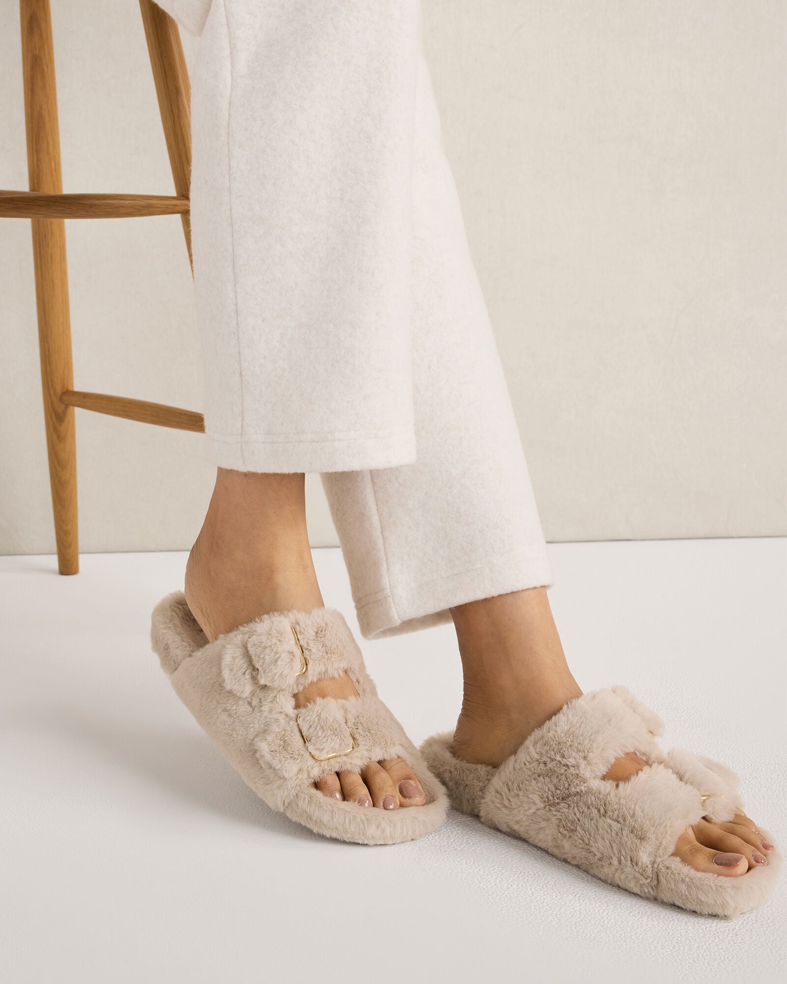 CAFE LATTE FAUX FUR BUCKLE MOLDED SLIPPERS | Talbots on sale