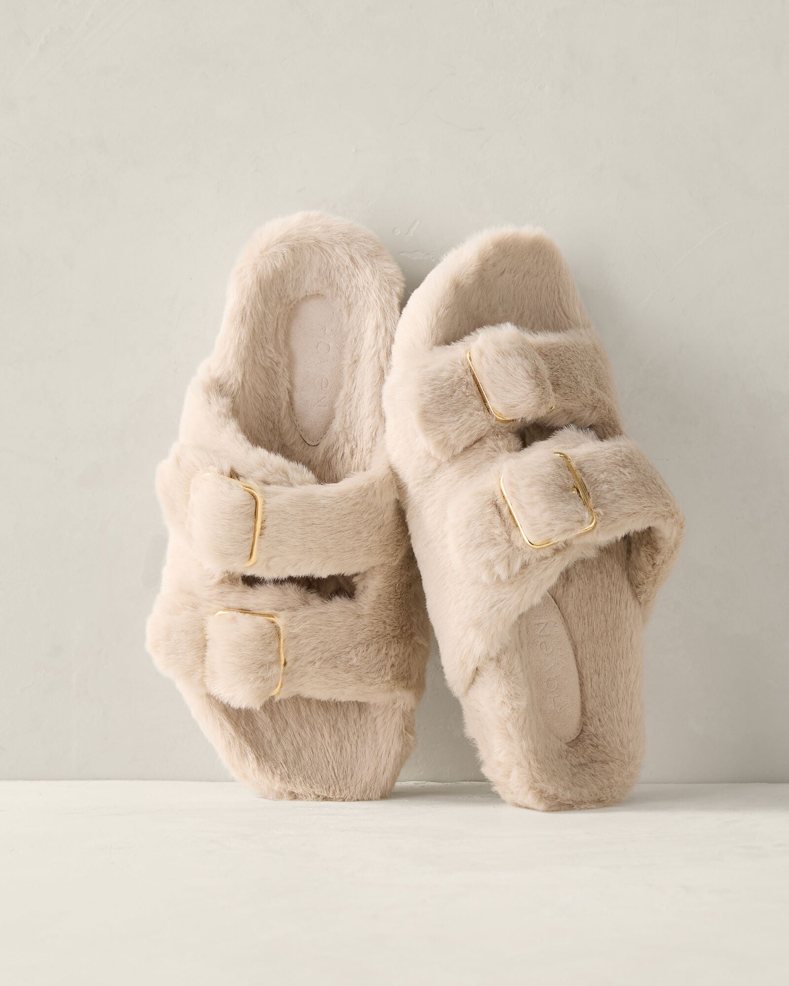 CAFE LATTE FAUX FUR BUCKLE MOLDED SLIPPERS | Talbots on sale